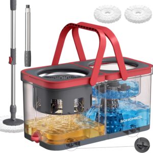 SONGMICS Clemax Collection LMB004GT02 Mop with Bucket, Floor Mop with Dirty Water Separation and Wheels, Telescopic Handle, 2 Microfibre Pads, 47.5 x 25.5 x 24 cm, Grey and Red