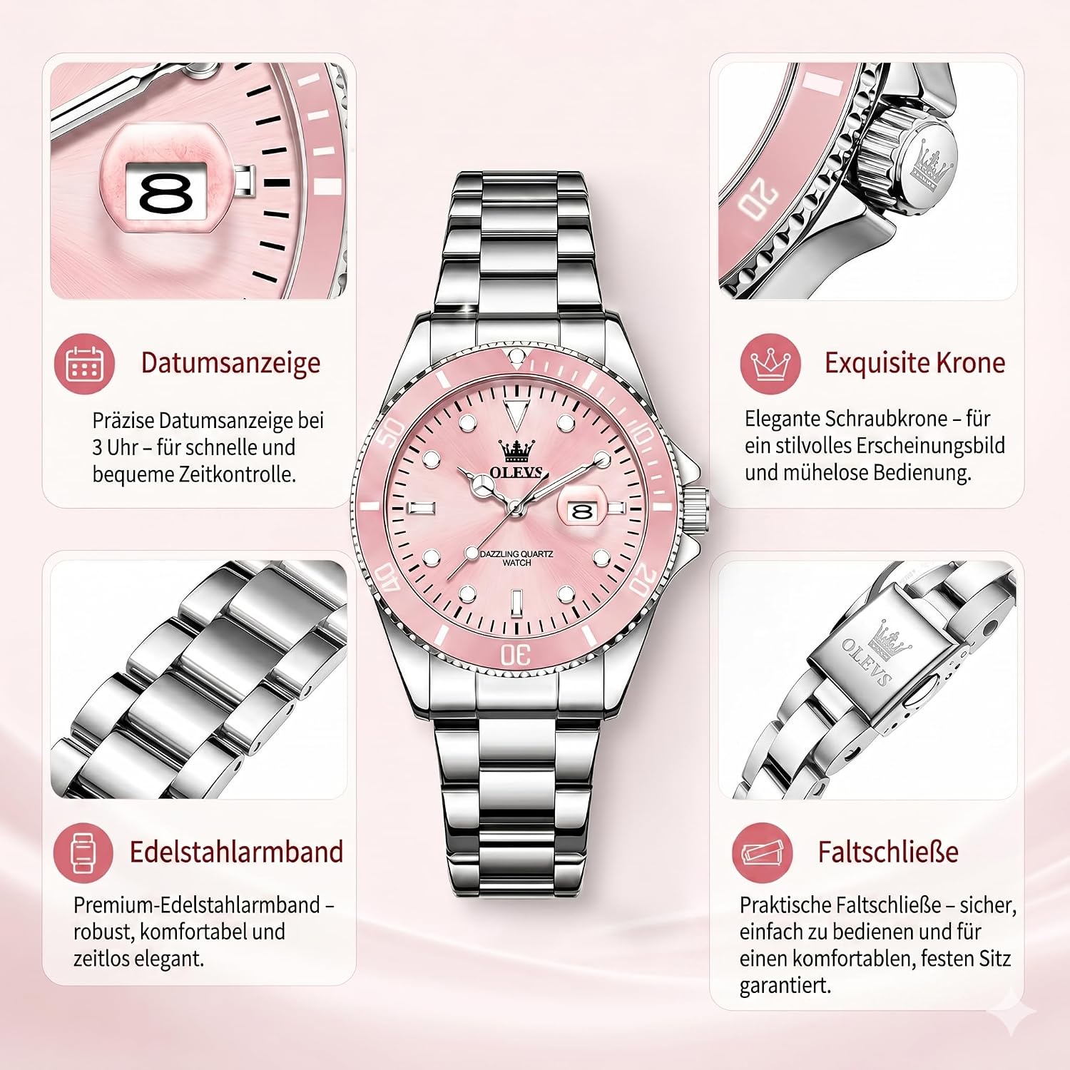 OLEVS Women's Watch Analogue Quartz Waterproof Classic Women's Watch Silver Stainless Steel Strap with Date Diamond Slim Design Suitable for Narrow Wrists – Bild 4