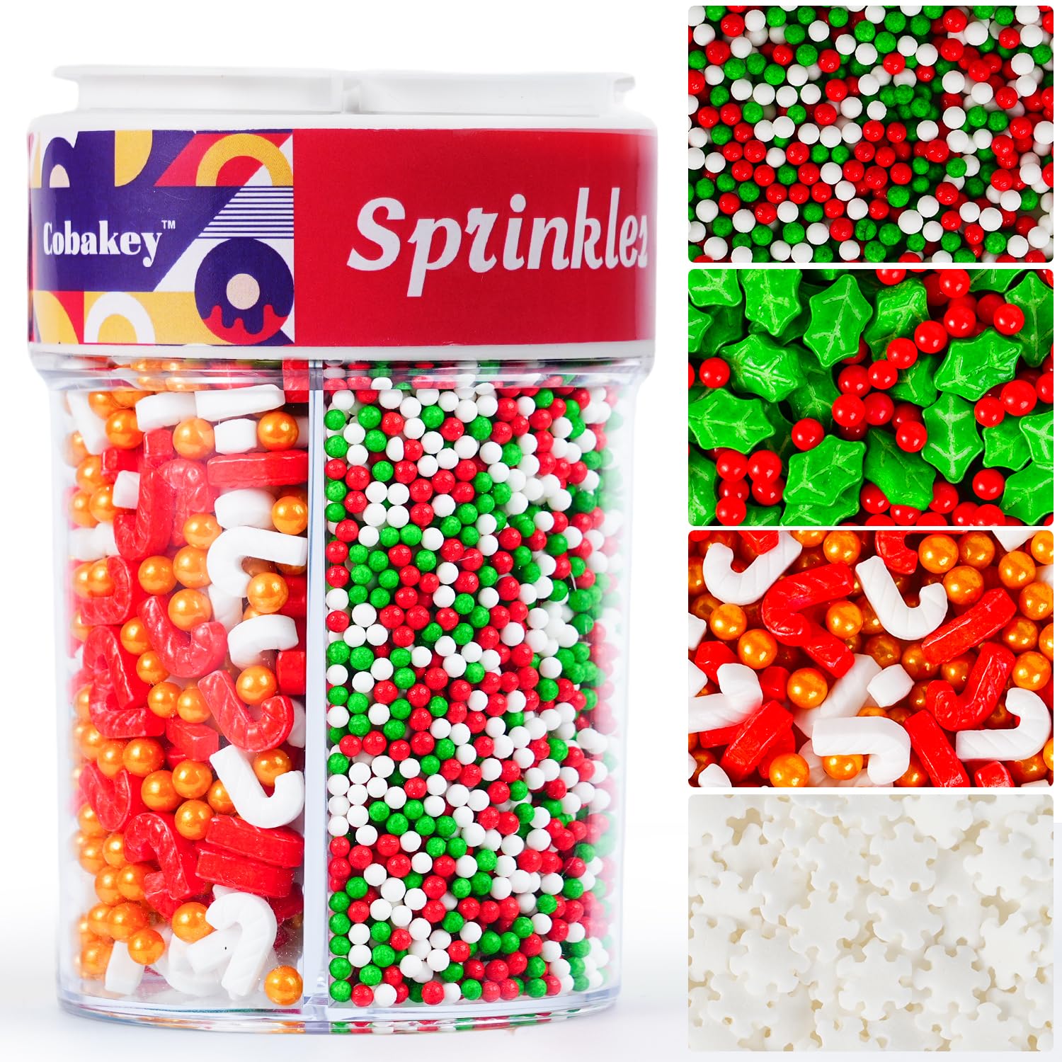 Christmas Cake Sprinkles 185 g - Edible Decoration Sweets with Holly Berries, Candy Canes & Snowflakes for Cookies, Cupcakes and Pastries - Red/White/Green Sugar