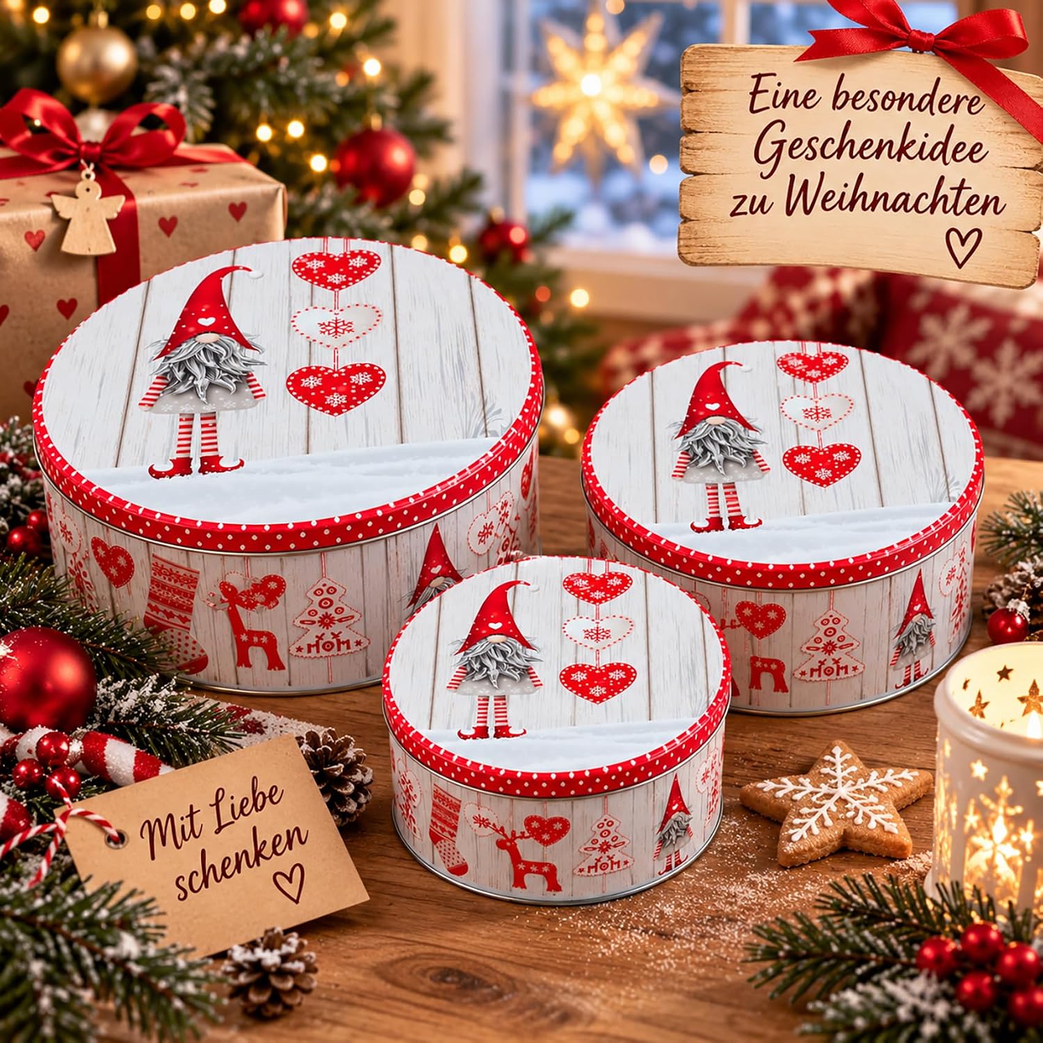 KAMACA Set of 3 Biscuit Tins, Biscuit Tins, Metal Gnome Christmas Red – Bild 6