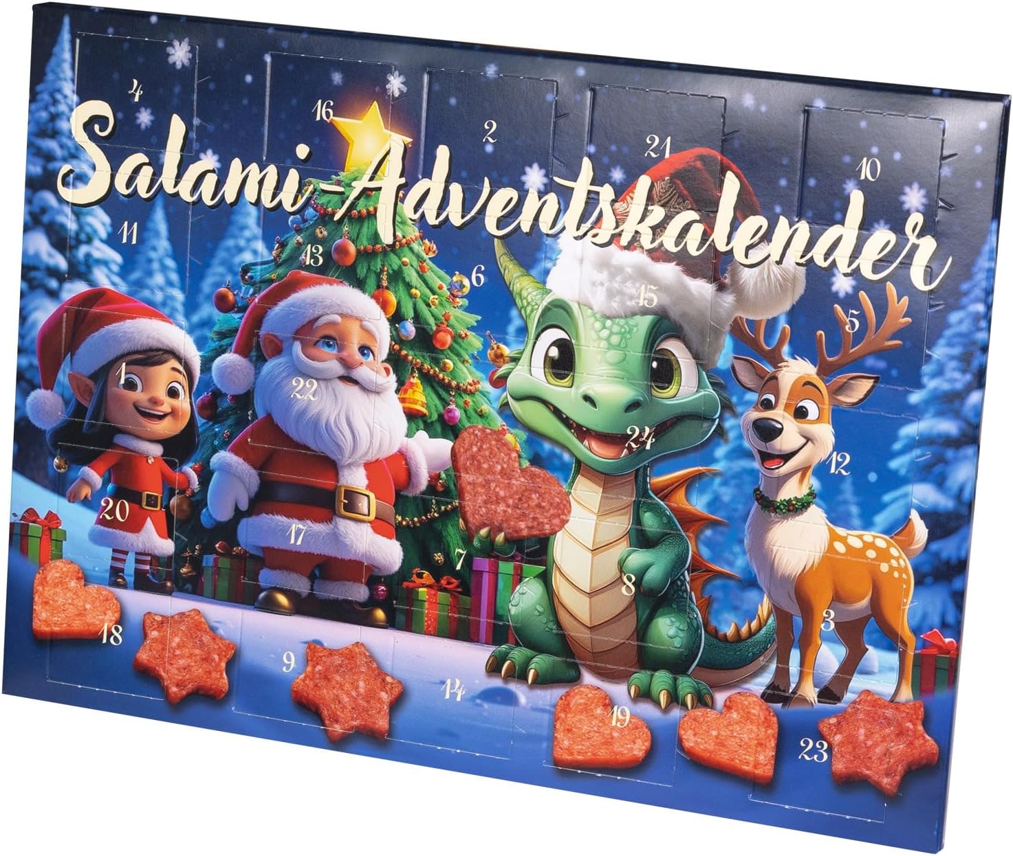 WURSTBARON Draco Salami Advent Calendar - 24 Mini Sausage Stars and Hearts, Snacks and Treats for Children at Christmas - High Quality and Smoky Flavours, 40.8 g