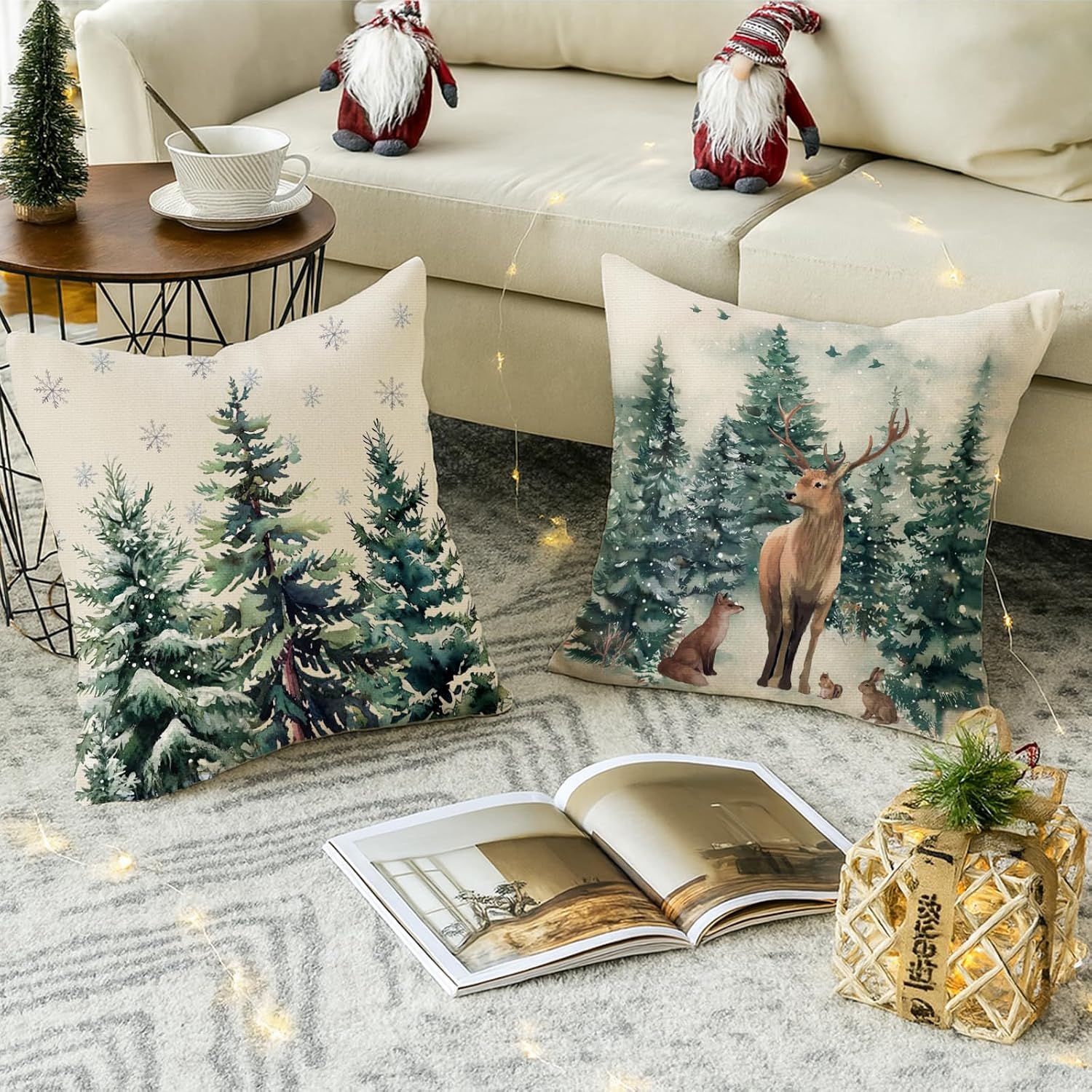 Christmas Cushion Cover, 45 x 45 cm, Set of 4, Linen Christmas Cushion Christmas Decoration with Reindeer, Christmas Decorations, Indoor Christmas Decoration for Sofa, Couch, Bedroom, Living Room, Winter Decoration – Bild 4