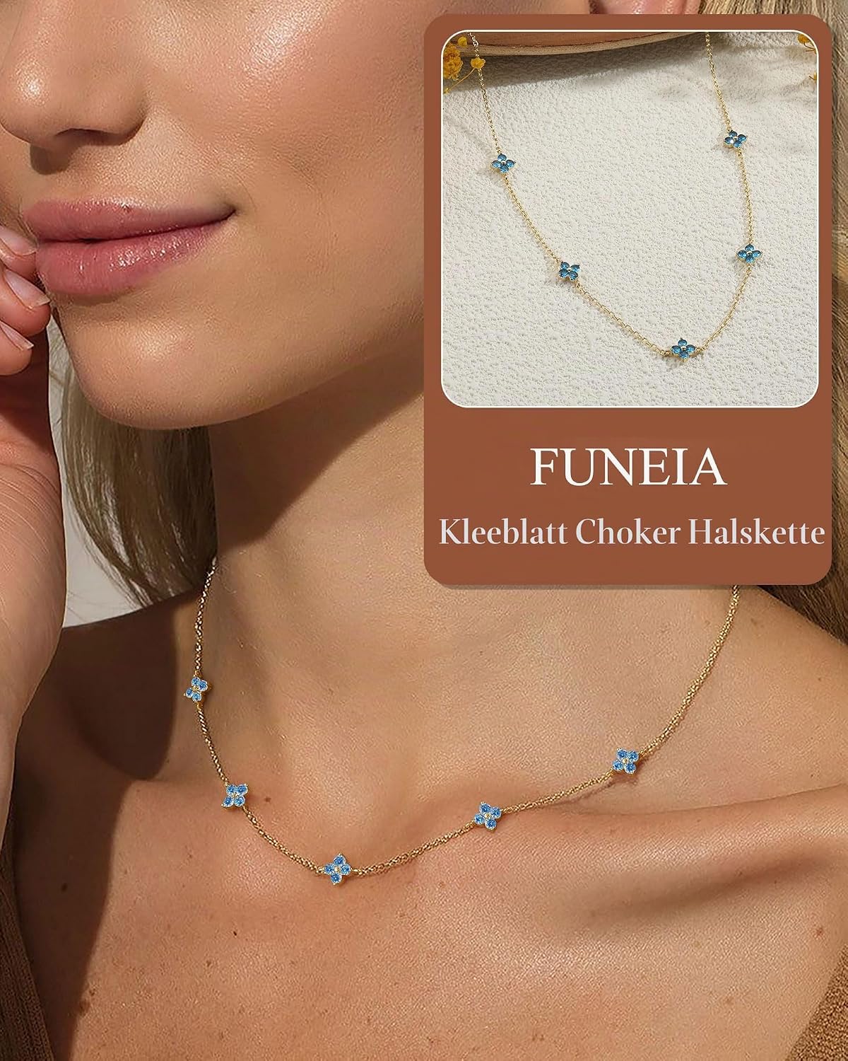 FUNEIA Women's Gold Necklace 18 Carat Gold-Plated with Birthstone Pendant Waterproof Gold Chain with Clover Leaf Adjustable Golden Chain for Girlfriend Women Girls Gold Jewellery Birthday Gift – Bild 3