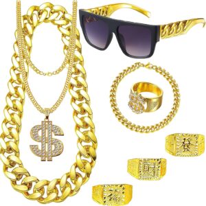 8 Stück Zuhälter Kostüm Goldkette Fasching, Hip Hop Rapper Kostüm, 80er/90er Jahre Outfit Herren, Dollar Kette/Große Goldene Kette/Dollar Ring/Goldenes Armband für Karneval Fasching Mottoparty