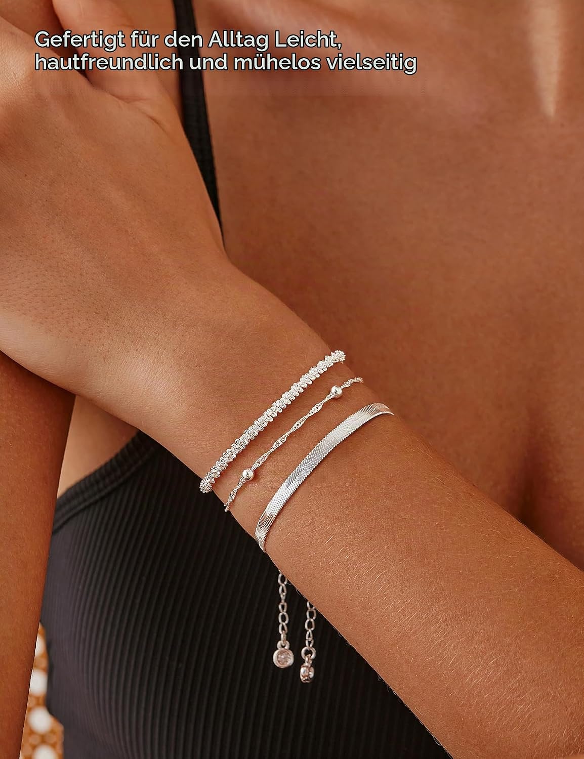 3 Pieces Bracelet Silver 925 Women's Stackable Bracelets Set Adjustable Bracelet Snake Chain Bracelets for Women Silver Bracelet Jewellery with Gift Box – Bild 3