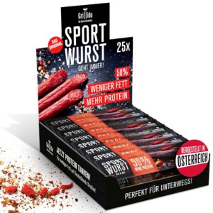 Grillido Sportwurst Beef & Chili 25 x 20 g (500 g) from Austria - Protein-Rich Meat Snack with 39% Protein, No Sugar, No Pork - Hearty Alternative to Beef Jerky & Protein Bar