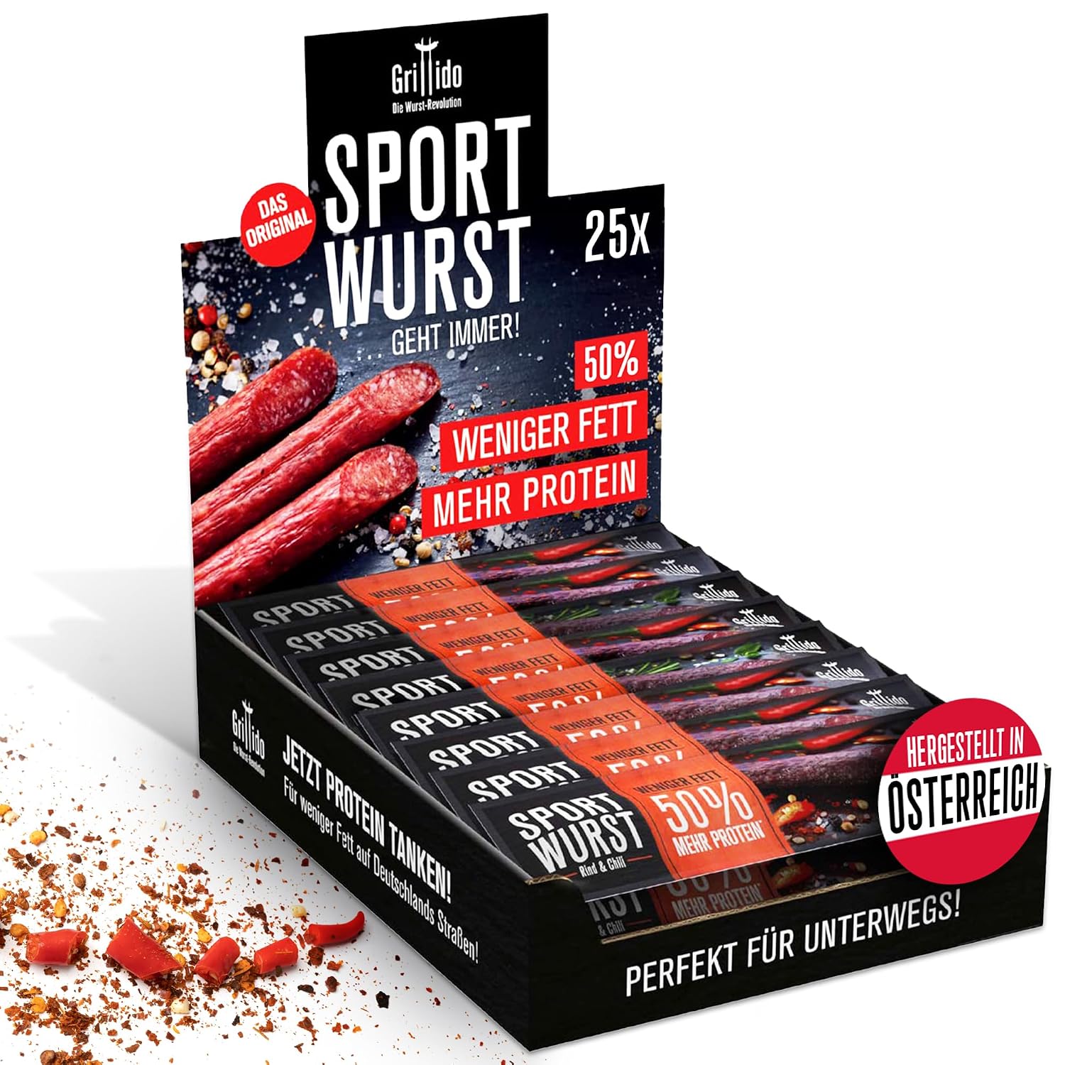 Grillido Sportwurst Beef & Chili 25 x 20 g (500 g) from Austria - Protein-Rich Meat Snack with 39% Protein, No Sugar, No Pork - Hearty Alternative to Beef Jerky & Protein Bar