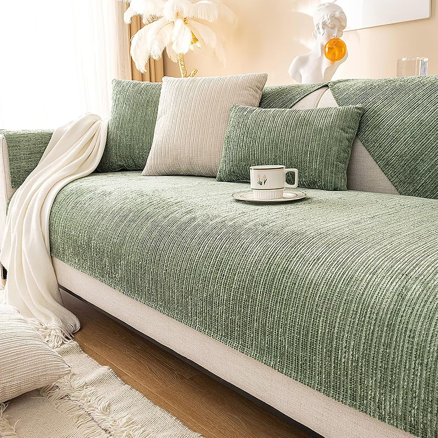 Sofa Blanket, Sofa Covers for Seat, Sofa Protector Non-Slip, Sofa Cover, Chenille Sofa Cover L Shape, Sofa Throw Blanket, Couch Cover, Couch Blanket, Green, 70 x 180 cm
