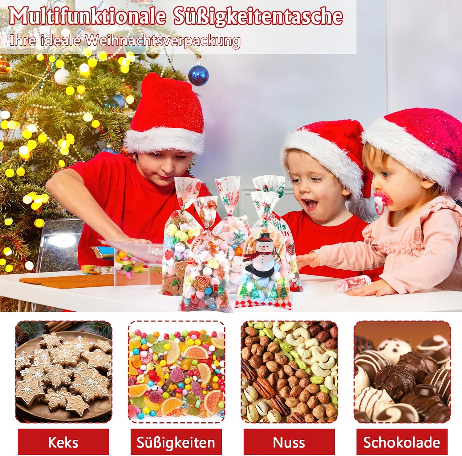 Pack of 120 Cellophane Bags, Christmas Candy Bags, Biscuits, Goody Bags with 120 Twist Ties, Bags for Filling, Cellophane Bags Small for Cookies, Biscuits, Chocolates (White) – Bild 2