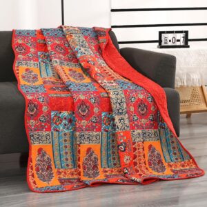 Qucover Shabby Chic Bedspread, 140 x 200 cm, Patchwork Bed Throw, 150 x 200 cm, Cotton, Quilted Blanket for Single Bed, Patchwork Blanket, Boho Blanket, Sofa Throw Blanket