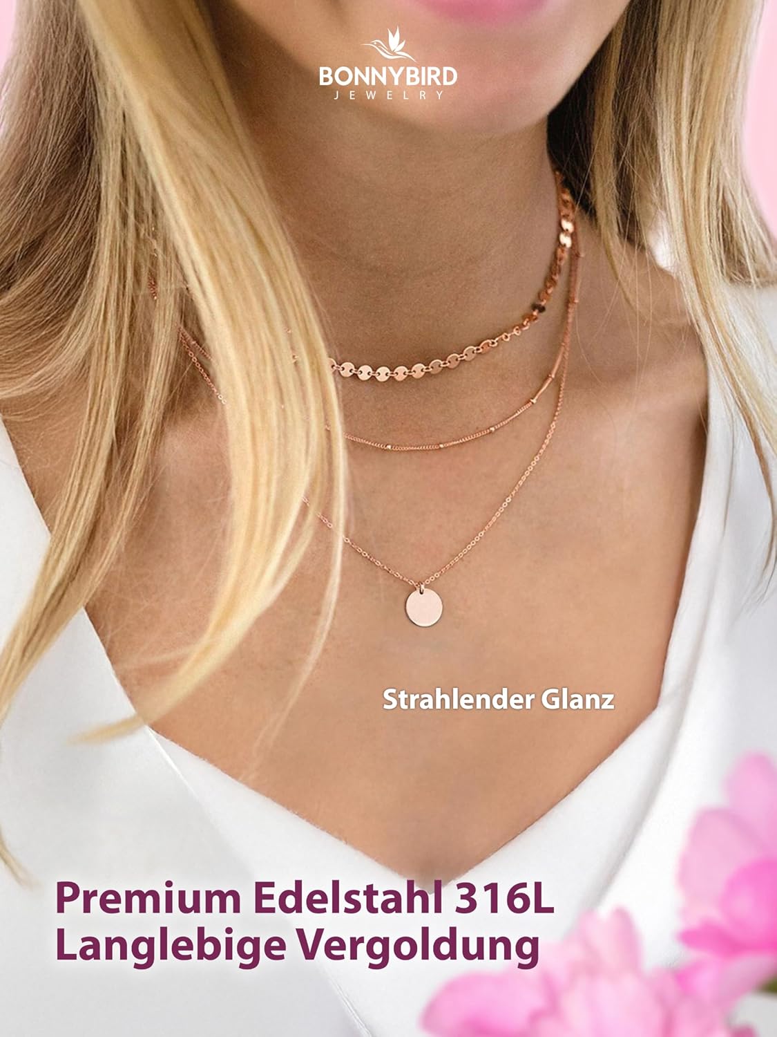 BONNYBIRD® Layering Chain Set Made of Premium Stainless Steel - Boho Chain Women's in Silver, Gold & Rose Gold, 100% Waterproof & Skin-Friendly BonnyTrio – Bild 2