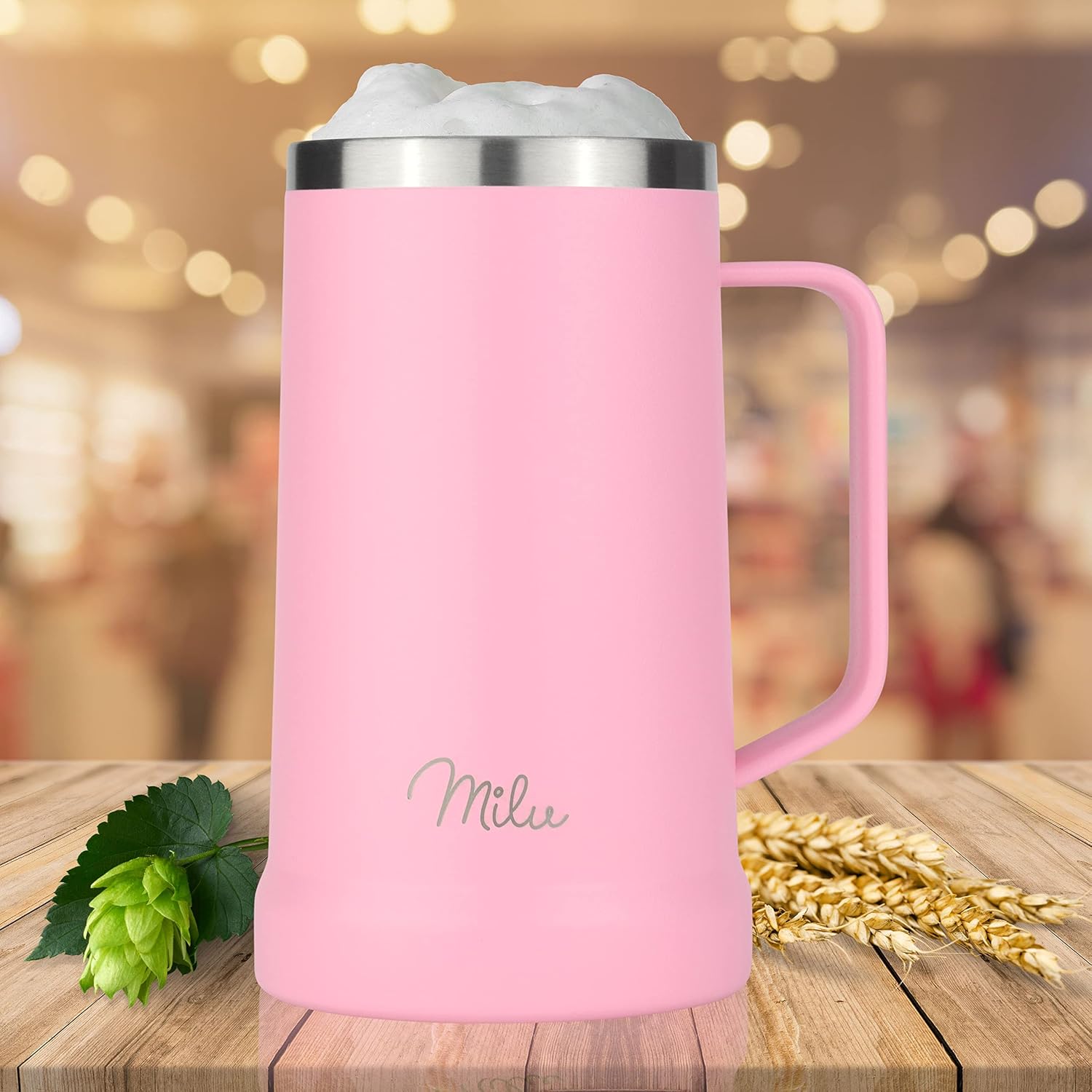 Milu Beer Mug, Stainless Steel Insulated Beer Glass with Lid, Thermal Mug with Handle, Beer Gift for Men, Dad, Keeps Cold for 7 Hours (700 ml, Pink) – Bild 3
