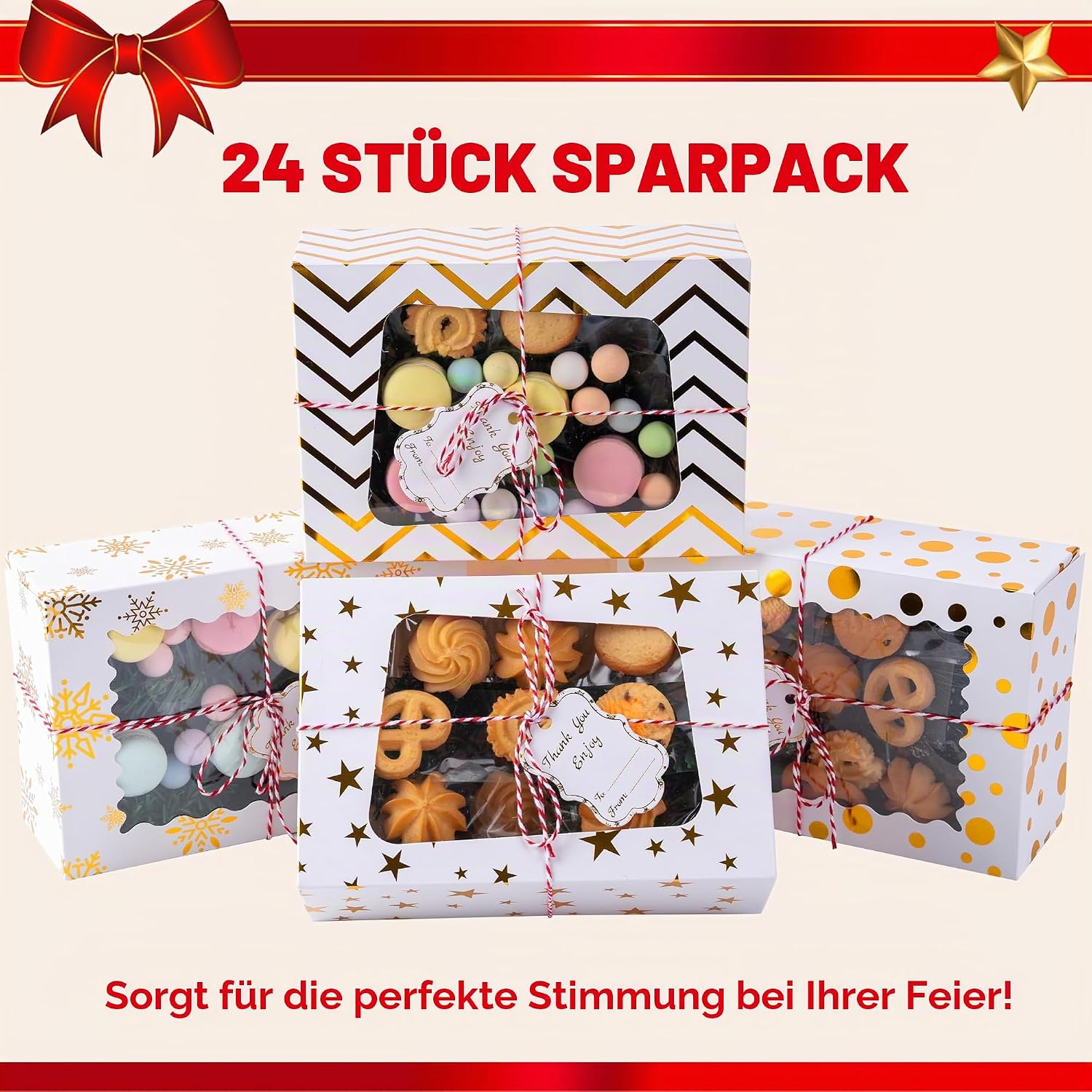 JOYIN Christmas Cookie Boxes, Gold Foil Boxes with Window, 9 x 6.2 x 3 inches, Bakery Gift Wrapping for Christmas, Holiday, Party, Pastry, Cupcakes, Cookies, Brownies, Donuts, 24 – Bild 2
