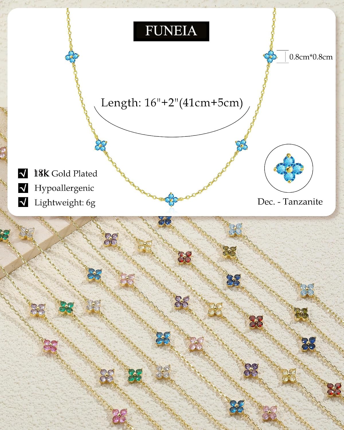 FUNEIA Women's Gold Necklace 18 Carat Gold-Plated with Birthstone Pendant Waterproof Gold Chain with Clover Leaf Adjustable Golden Chain for Girlfriend Women Girls Gold Jewellery Birthday Gift – Bild 5