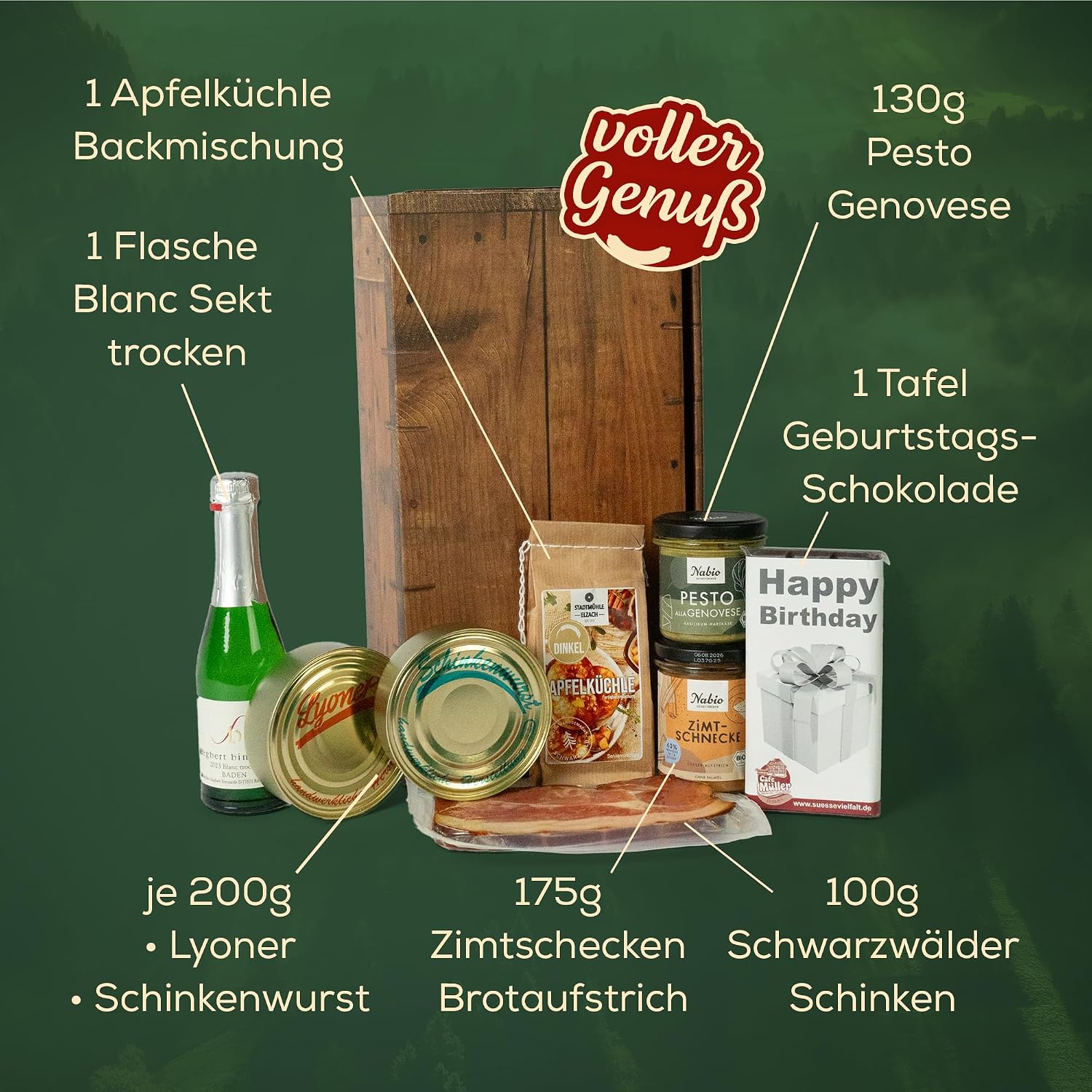 Black Forest Butcher Shop - Birthday Gift Basket - 7-Piece - Sweet & Savoury with Happy Birthday Chocolate, Apple Kitchen Baking Mix, Cinnamon Rolls Spread, Black Forest Specialities & Sparkling Wine – Bild 3