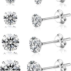 Yiorxu 4/6 Pairs of Earrings 925 Silver for Women, Stud Earrings 925 Silver, 5A+ Zirconia, Size: 3/4/5/6/7/8 mm, Hypoallergenic Earrings Set, Anti-Oxidation, Elastic Packaging