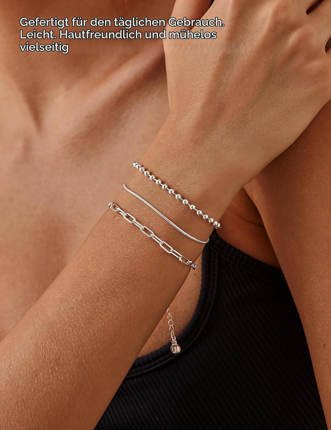3 Pieces Bracelet Silver 925 Women's Stackable Bracelets Set Adjustable Bracelet Snake Chain Bracelets for Women Silver Bracelet Jewellery with Gift Box – Bild 3
