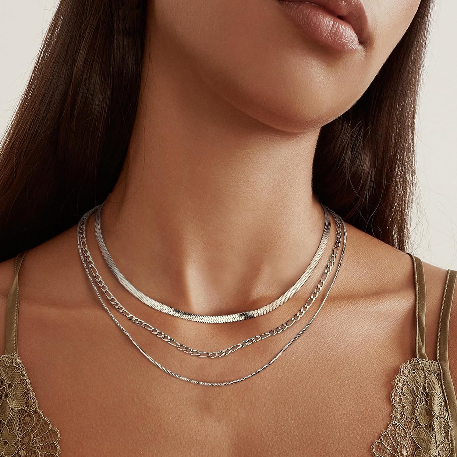 Adramata Women's Stainless Steel Snake Chain Figaro Stackable Necklace Set Gold/Silver 3 Pieces – Bild 4