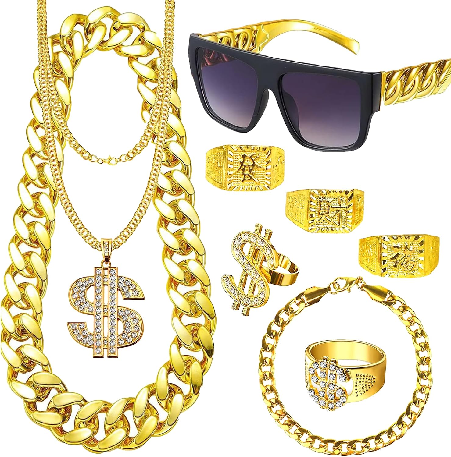 Yolistar Pack of 9 Costume Gold Chain Fancy Dress 80s 90s Outfit Men's Hip Hop Rapper Costume Gold Chain Men's Sunglasses Hanzi Dollar Ring Chain Ring for Carnival Fancy Dress Theme Party