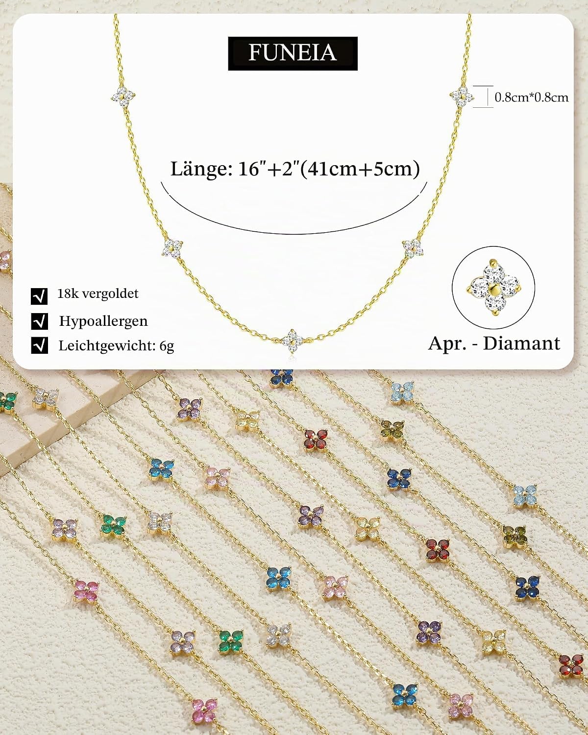 FUNEIA Women's Gold Necklace 18 Carat Gold-Plated with Birthstone Pendant Waterproof Gold Chain with Clover Leaf Adjustable Golden Chain for Girlfriend Women Girls Gold Jewellery Birthday Gift – Bild 4