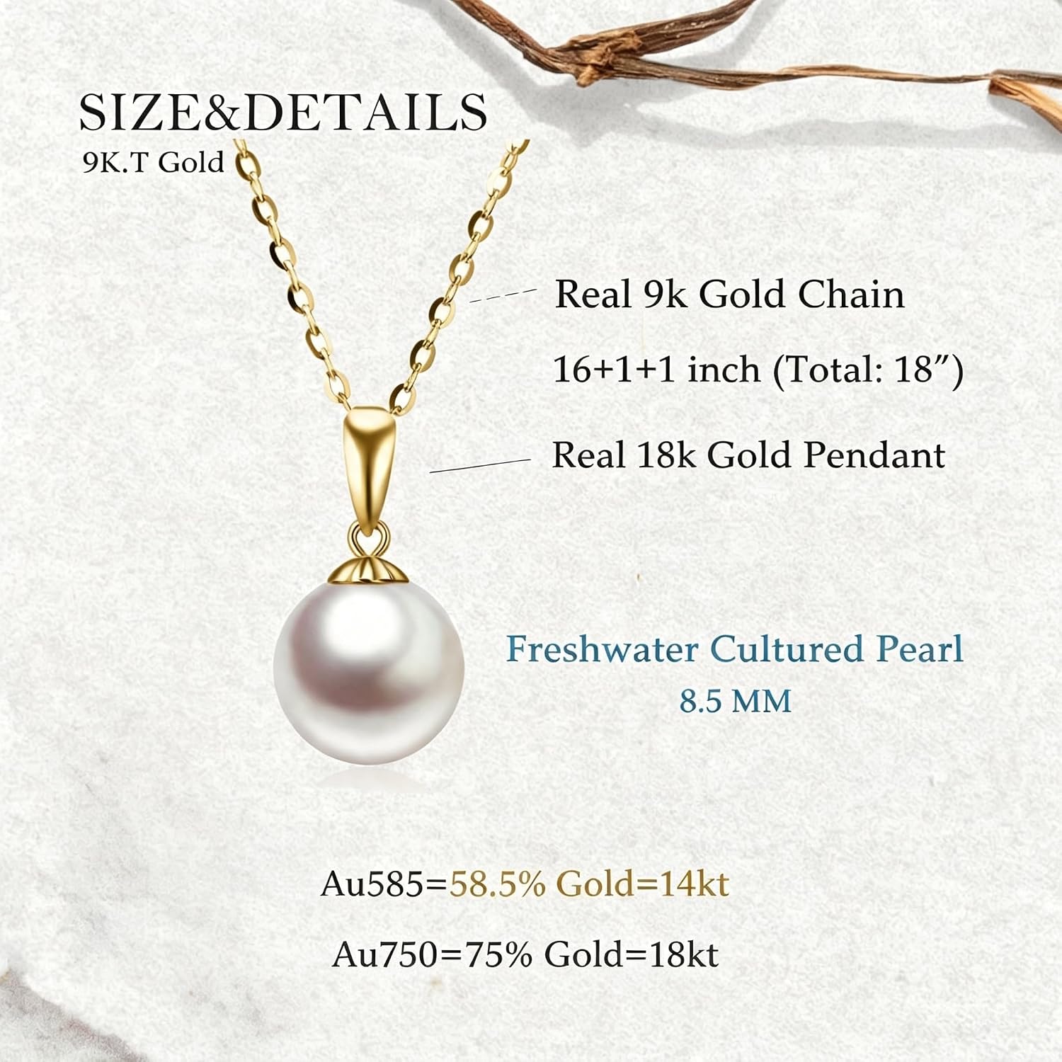 9k Real Gold Pearl Necklace for Women with 18k Gold Pendant, 9 ct/375 Golden Pearl Pendant Chain Jewellery Gifts for Birthday Christmas 40 + 5 cm – Bild 3