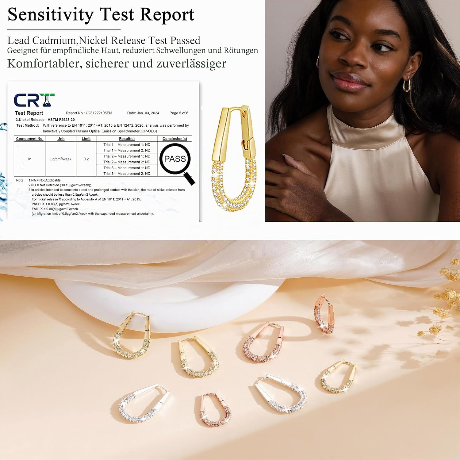 Women's 925 Silver Hoop Earrings, 14K Gold-Plated Earrings, Gold Hoop Earrings, Hypoallergenic Cubic Zirconia Earrings, Jewellery Gifts – Bild 4