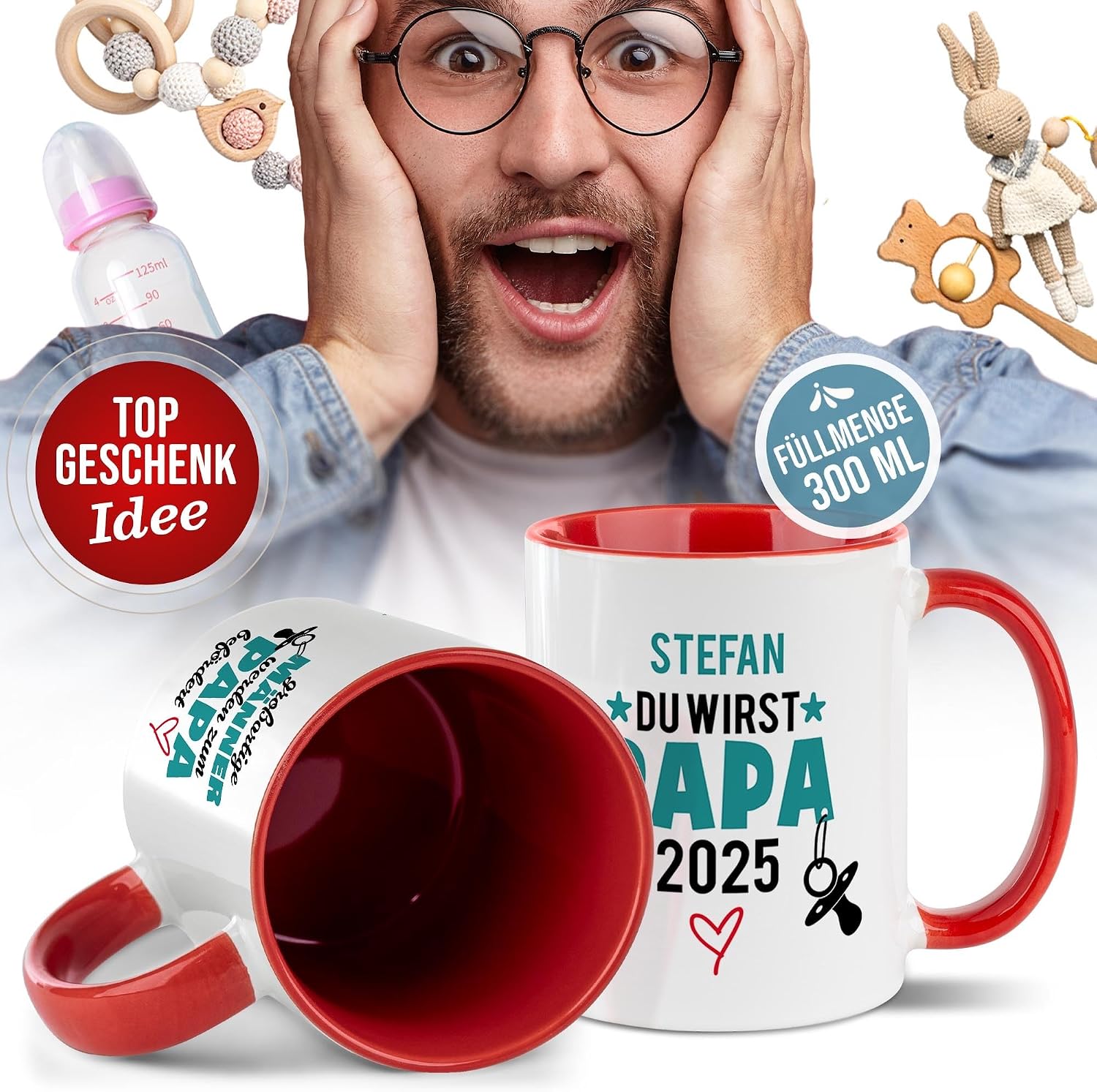 Tassendruck Baby-News Tasse mit Name & Jahr selbst gestalten - Du wirst Papa - Personalisiertes Geschenk zur Schwangerschaft für werdenden Vater - Keramiktasse, 300 ml, Innen & Henkel Rot – Bild 3