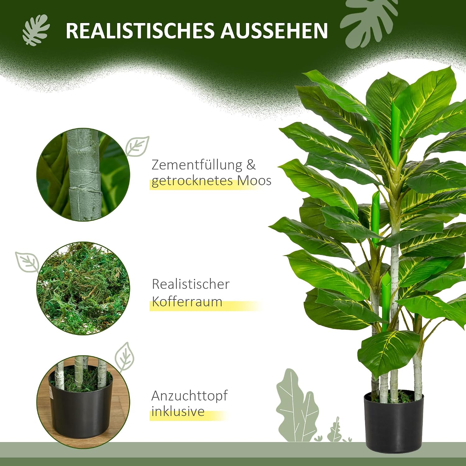 HOMCOM Artificial Tree Dieffenbachie 95cm Artificial Plant with 33 Leaves – Bild 4