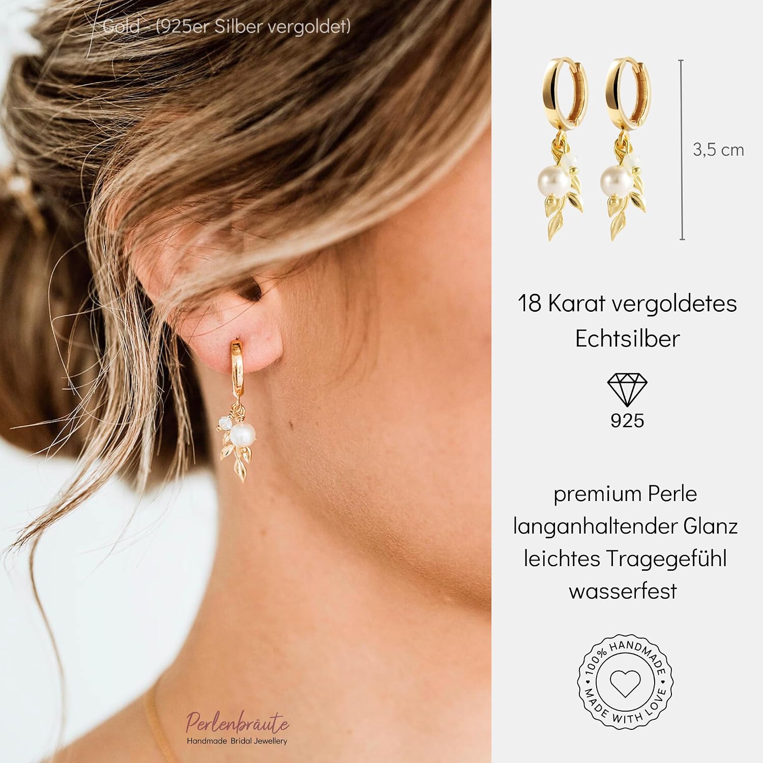 Jewellery with Pearls Wedding - Premium 925 Silver Jewellery Set & Earrings Bride - High Quality Bridal Jewellery Beads - Women's Jewellery Gold Bride - Bridal Earrings Jewellery Set Wedding Leaf – Bild 2