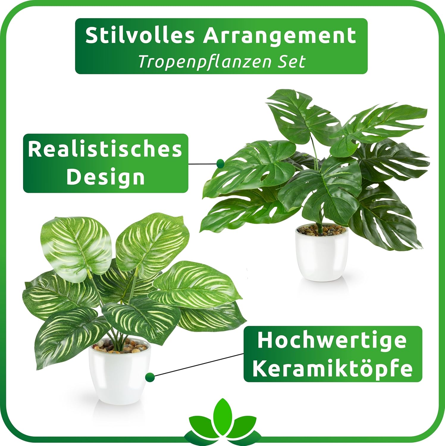 PASCH® Set of 4 Tropical Artificial Plants Like Real (25 cm) in White Ceramic Pots: Monstera Artificial & Areca Artificial Palm | Artificial Plants in Pot | Fake Plant | Artificial Flowers in Pot – Bild 4