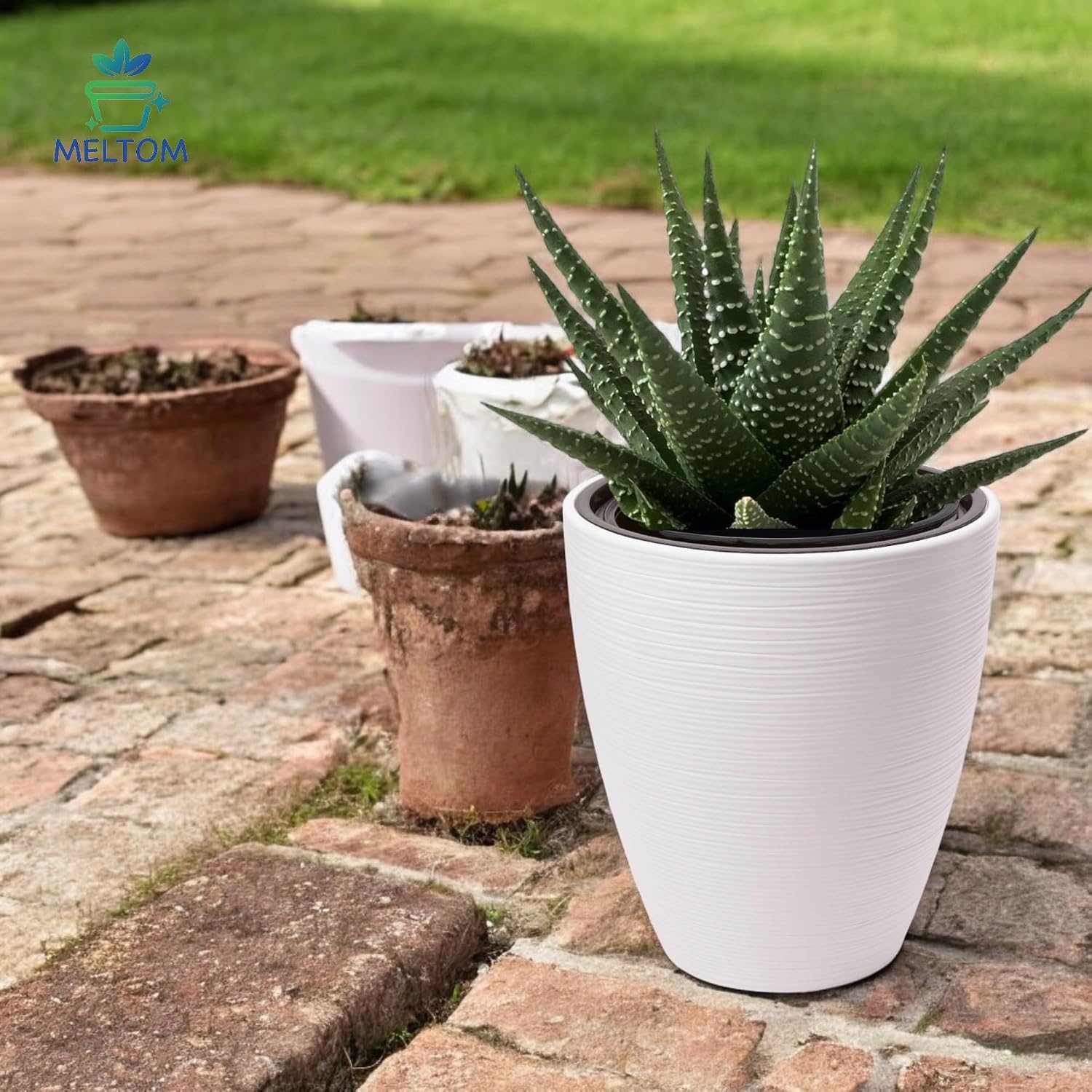 Meltom Flower Pot Large Round Height 42 cm Diameter 39 cm White 3D Wave with Insert Decoration – Bild 5