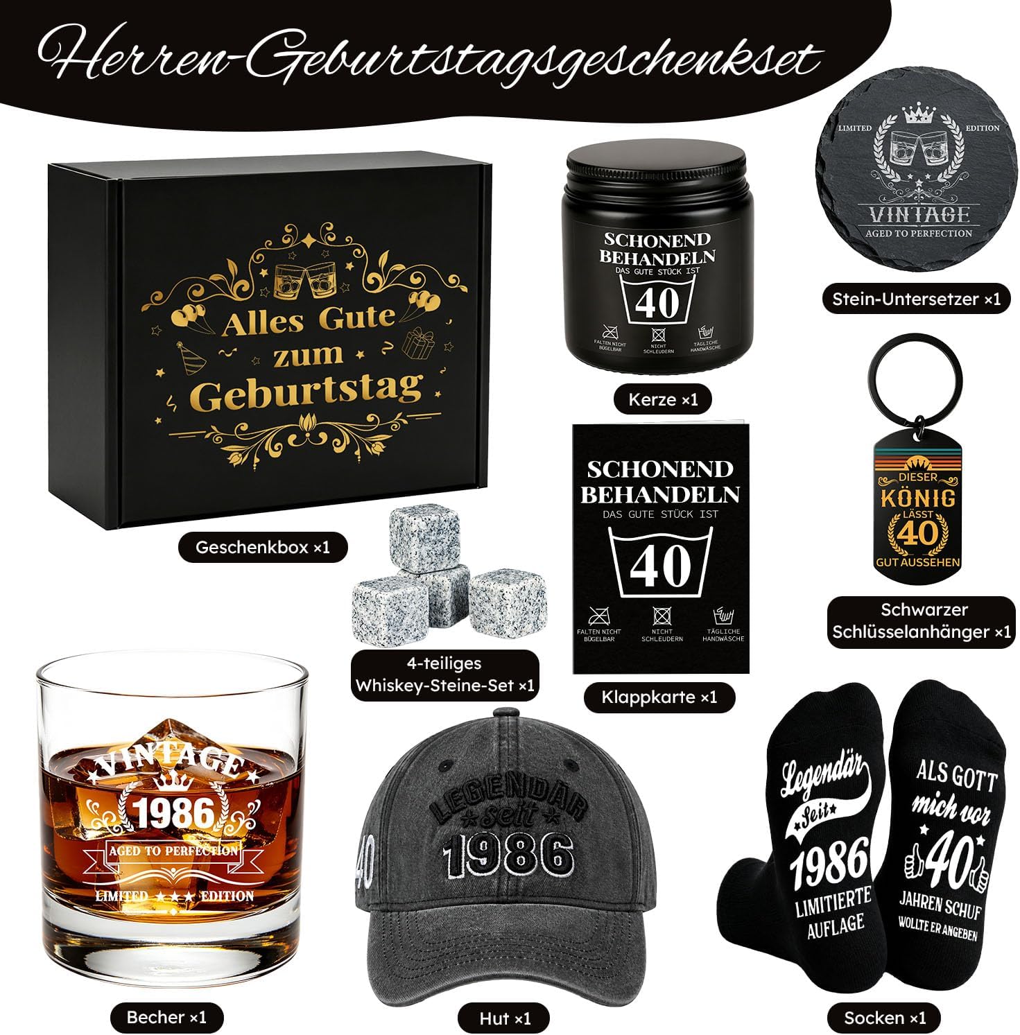 40th Birthday for Men, Vintage 1986 Birthday Gifts Men, 40th Birthday Gift Box with Whisky Stones, Cup, Socks, Keyring, Candle & Card, Gift for Husband, Dad, Boyfriend – Bild 2
