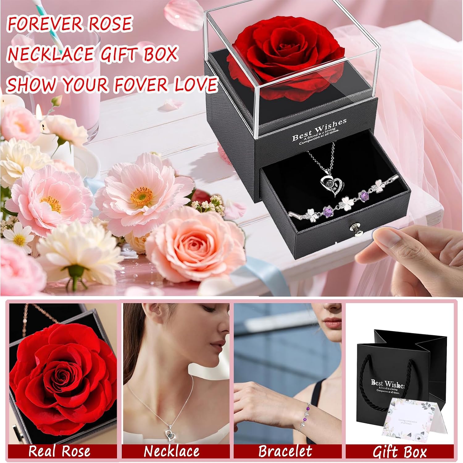 Eternal Rose for Women, Gift Box with Chain Bracelet Red Infinity Roses Birthday Gift Mother Wife Girlfriend Grandma – Bild 2