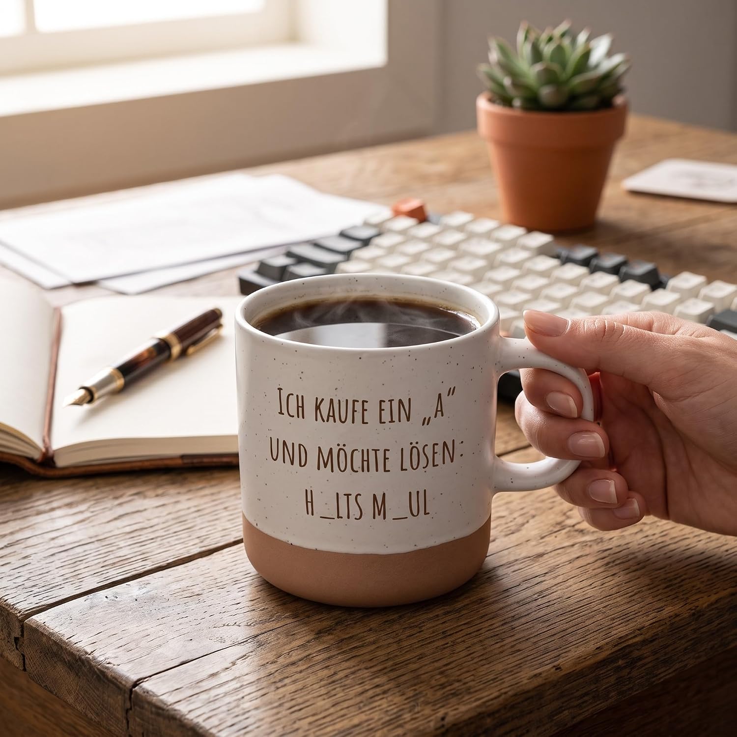 Laser Tattoo Mug Engraved with German Text "Ich kaufe ein A und möchte lösen: H_lts M_ul, 360 ml, Stoneware, Funny Office Gift for Colleagues, Dishwasher Safe (H_lts M_ul) – Bild 4