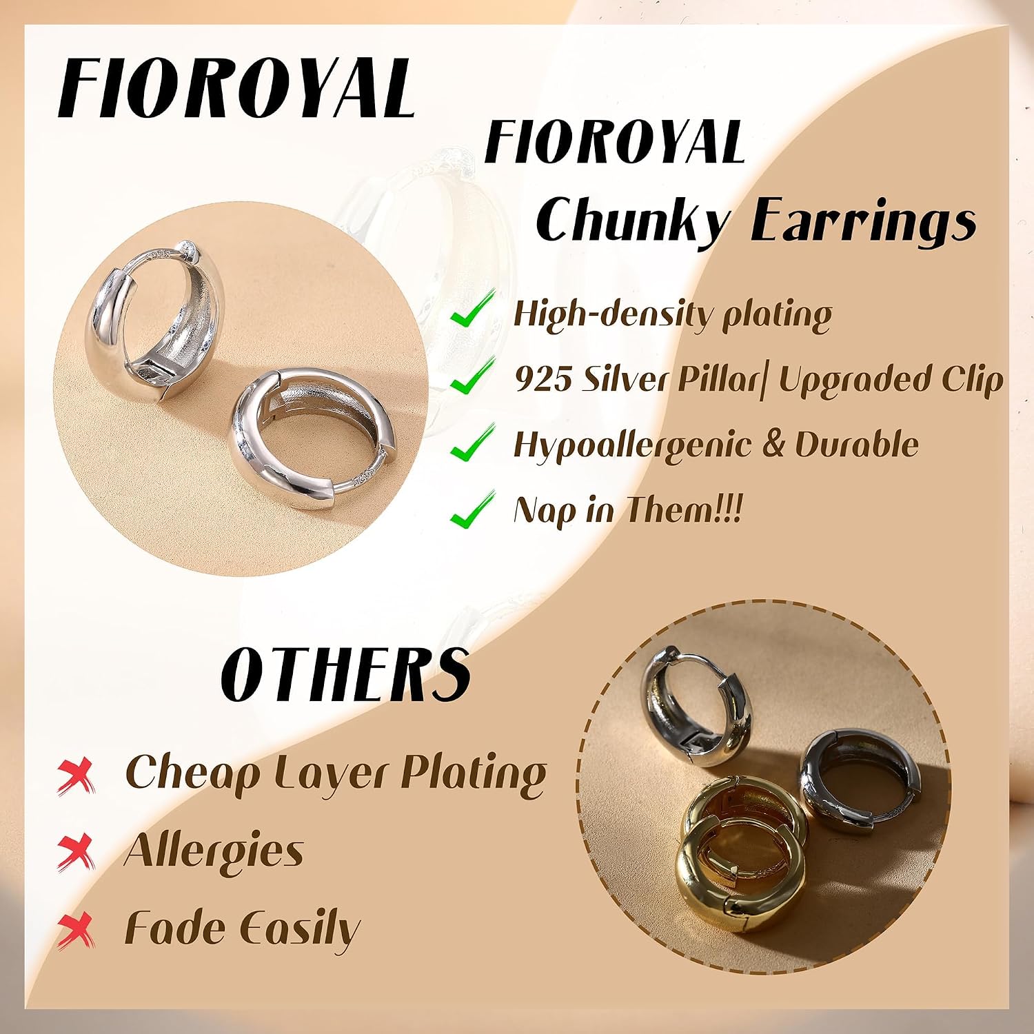 FIOROYAL 925 Silver Hoop Earrings for Women, Hypoallergenic Earrings Chunky 14K Gold Hoop Earrings Small Huggie Teardrop Stud Earrings for Sensitive Ears (Gold/Silver) – Bild 4
