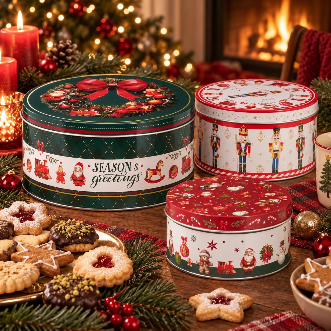 Annastore Christmas Tins Metal Set of 3 - Round Biscuit Tins with Nostalgic Motifs Diameter 19.5 cm Stackable Storage Tins for Cookies & Pastries - Decorative Biscuit Boxes for Christmas – Bild 3