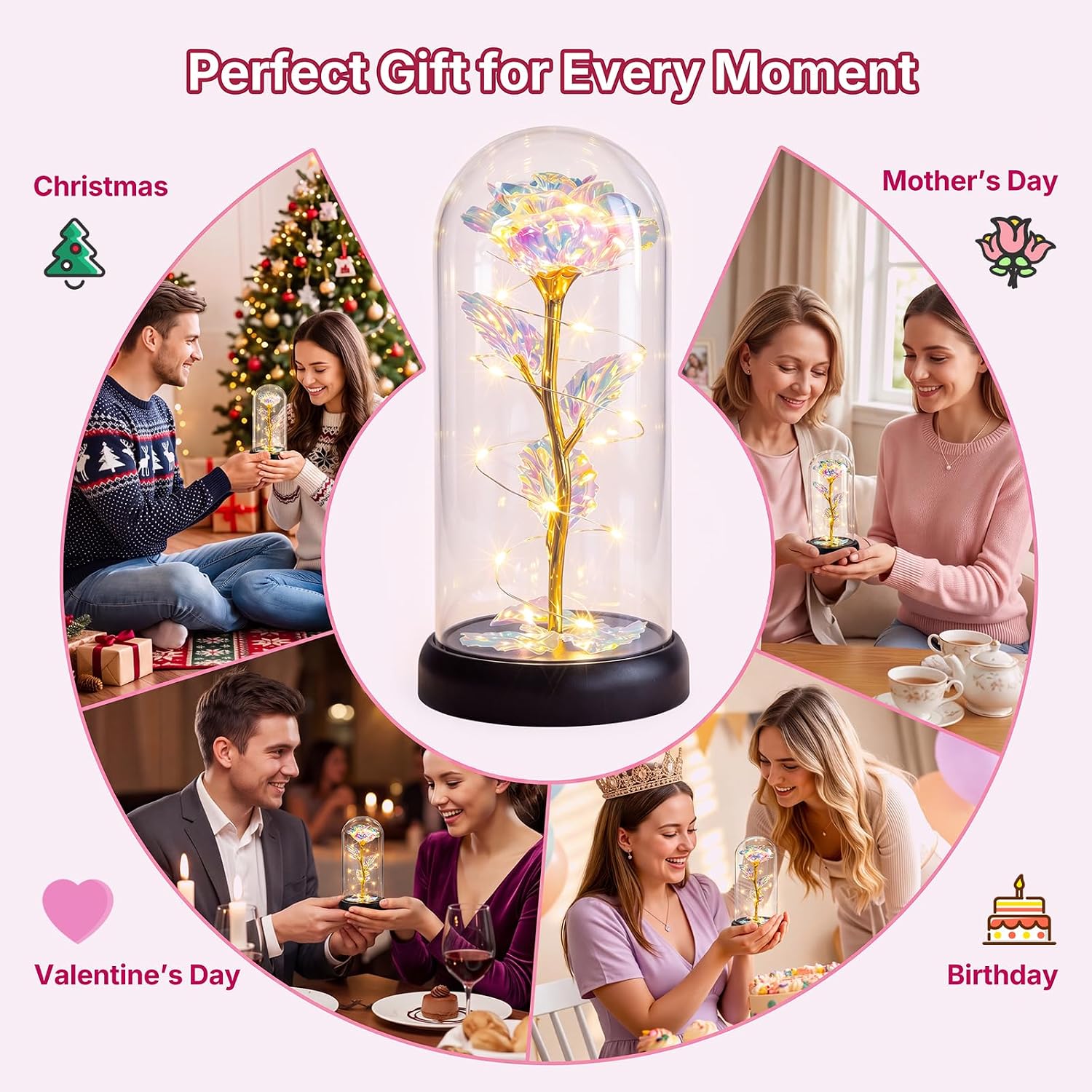 Otlonpe Flower Gifts for Women, Mother's Day Gifts for Mum, Birthday Gift for Women, Mum, Girlfriend, Grandma, Eternal Rose in Glass with LED Light, Mother's Day Gift for Mum Grandma (Rainbow) – Bild 4