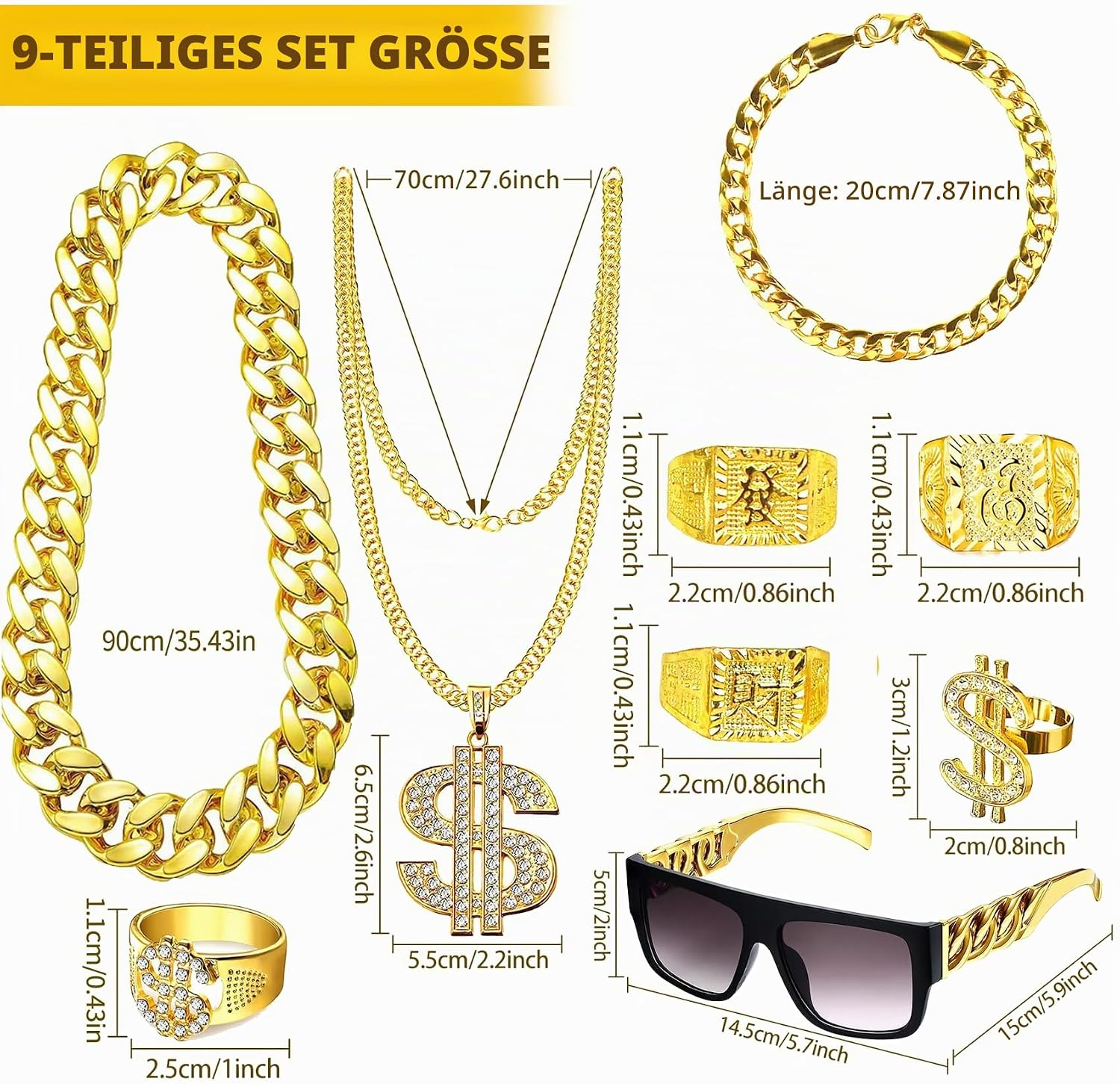 Yolistar Pack of 9 Costume Gold Chain Fancy Dress 80s 90s Outfit Men's Hip Hop Rapper Costume Gold Chain Men's Sunglasses Hanzi Dollar Ring Chain Ring for Carnival Fancy Dress Theme Party – Bild 2