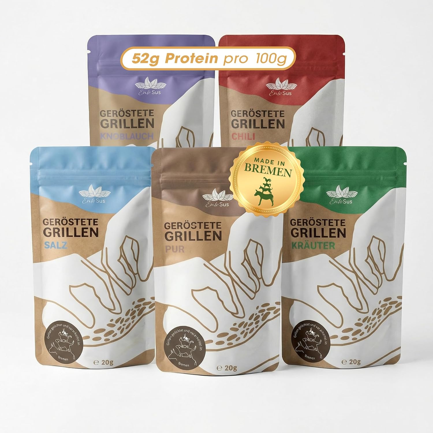 EntoSus Tasting Set Roasted Grills, 5 Flavours, Crunchy Snack Grilling, Sustainable Meat Substitute, Insects as Protein Snack or Cooking Ingredient, Cured in Germany, Contents: 5 x 20g