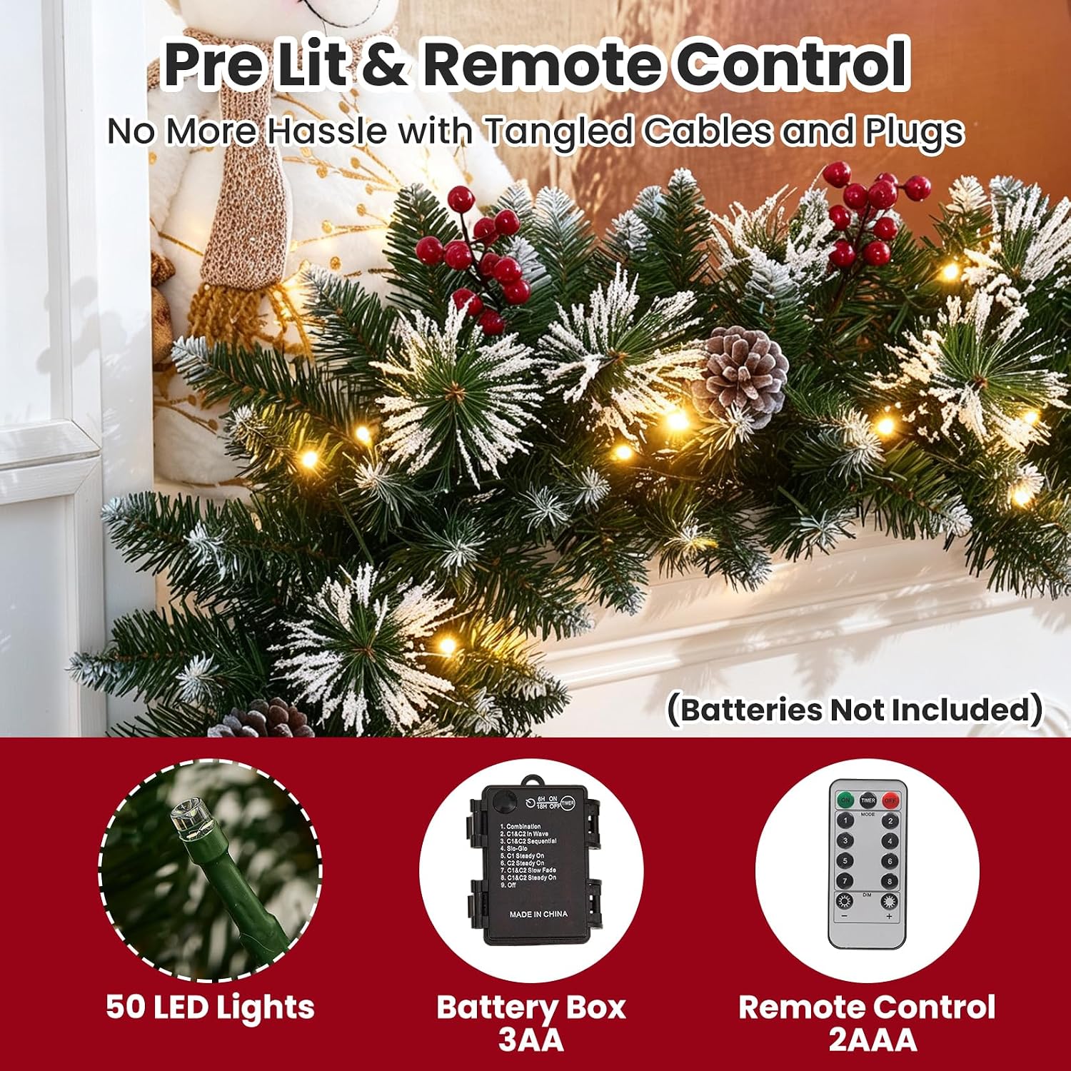 Christmas Illuminated Garland, Stairs Christmas Garland 2.7 M Artificial garland for stairs & outdoor decoration, battery operated, berries, pine cones, snowflakes, 8 light modes – Bild 5
