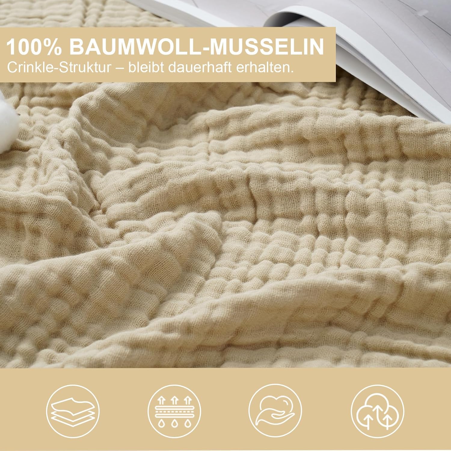 6-Layer Muslin Blanket 150 x 200 cm Breathable Beige – Bild 3
