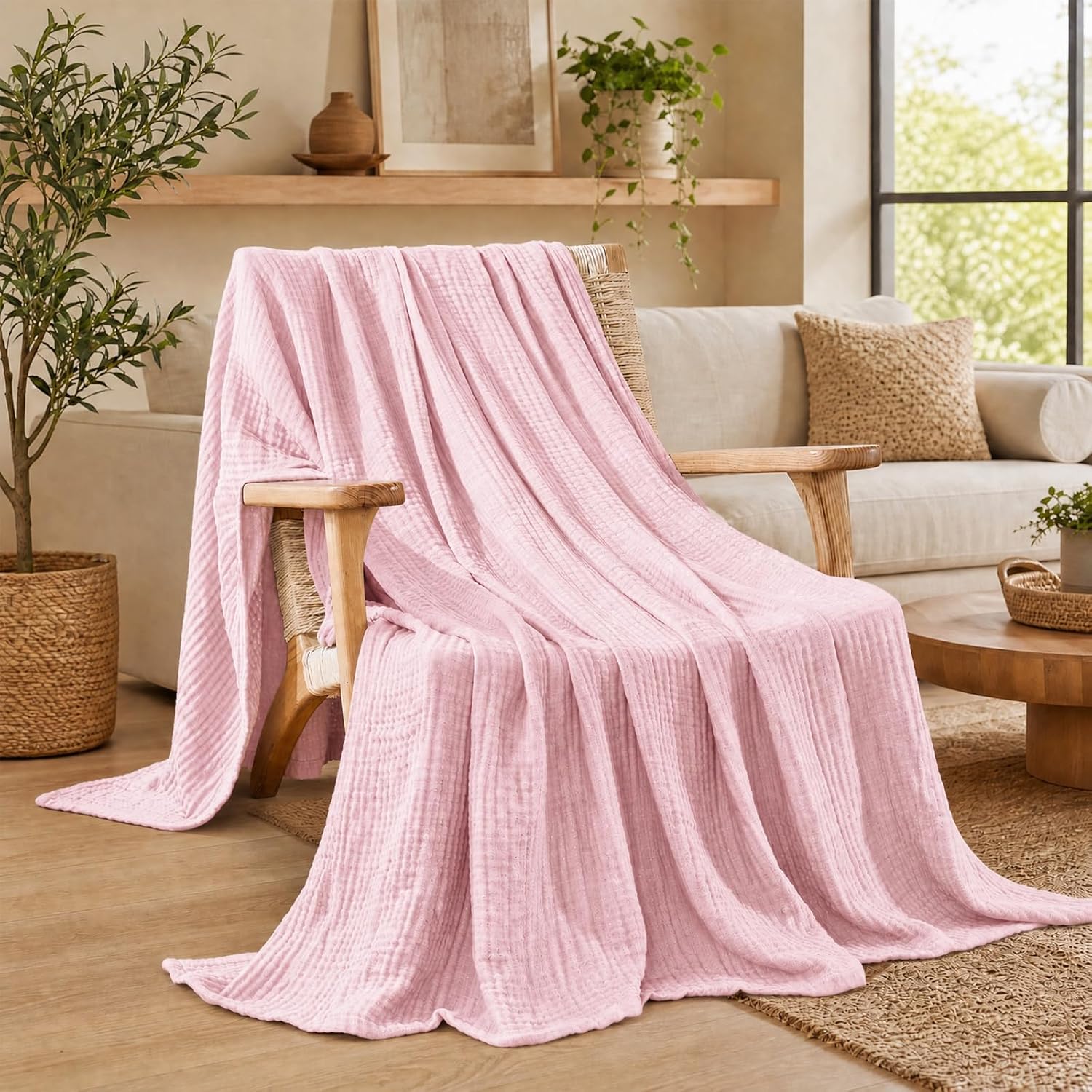 Muslin Blanket, 150 x 200 cm, 100% Cotton, 6-Layer Soft Summer Blanket, Breathable Muslin Blanket for Adults, Thin Cuddly Blanket for Bed and Sofa, Bedspread, Couch Throw (Pink) – Bild 8
