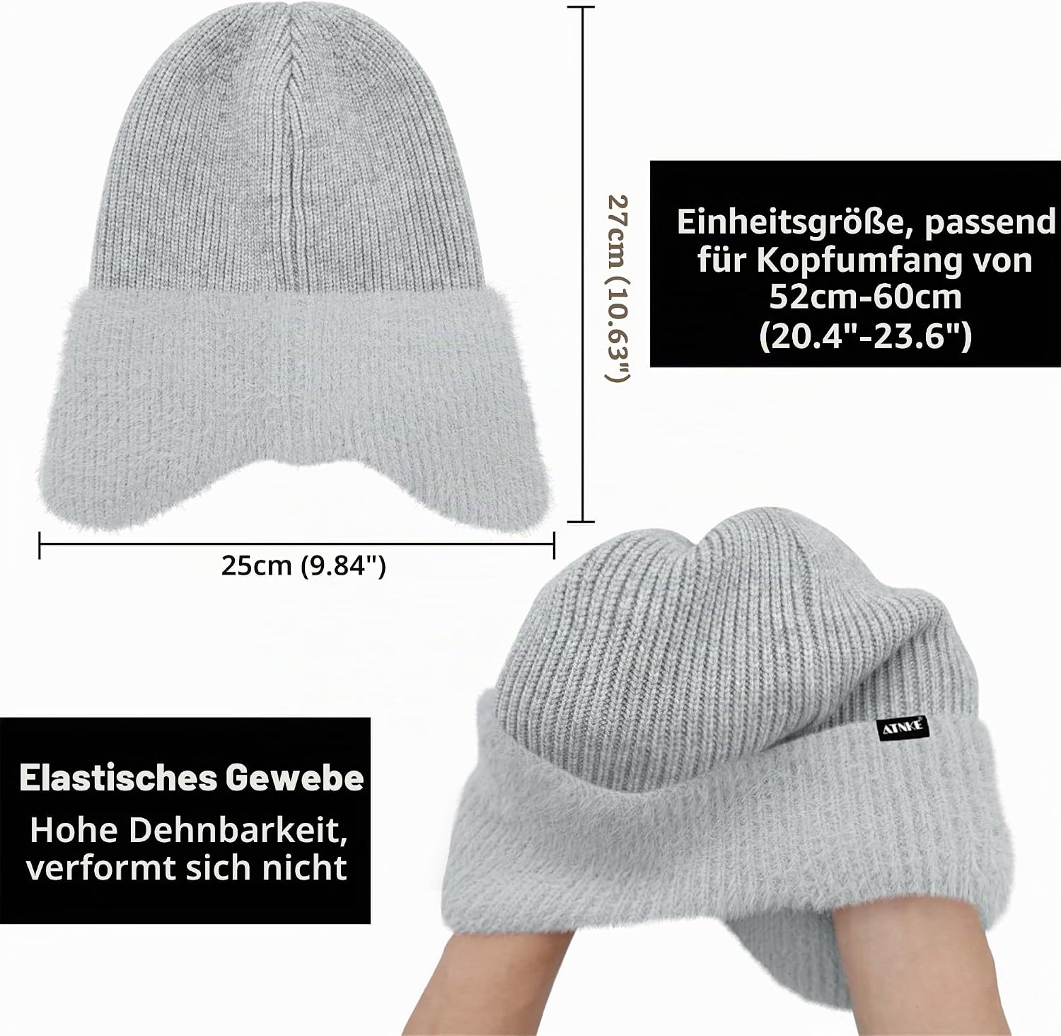 ATNKE Knitted Beanie Hat with Ear Flaps for Men and Women, Stretchy Thick Warm Fleece Lined Everyday Winter Soft with Cuffs Wooly Skull Hat Gifts – Bild 4