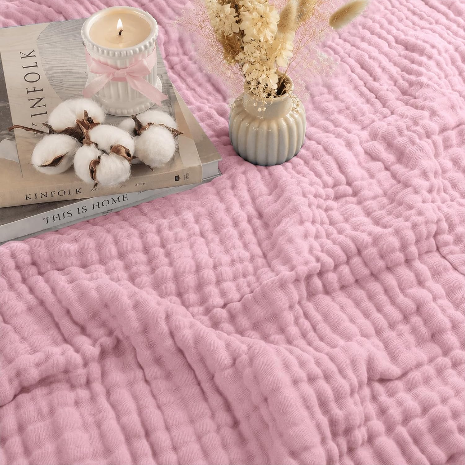Muslin Blanket, 150 x 200 cm, 100% Cotton, 6-Layer Soft Summer Blanket, Breathable Muslin Blanket for Adults, Thin Cuddly Blanket for Bed and Sofa, Bedspread, Couch Throw (Pink)