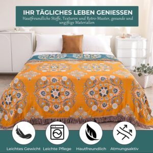 HOORDRY Bedspread 200 x 230 cm, Cotton Reversible Blanket, Cuddly Blanket, Double-Sided Boho Blanket, Yellow & Green with Fringes, Bed Throw, Super Soft Cotton Material for TV or Nap on the Chair