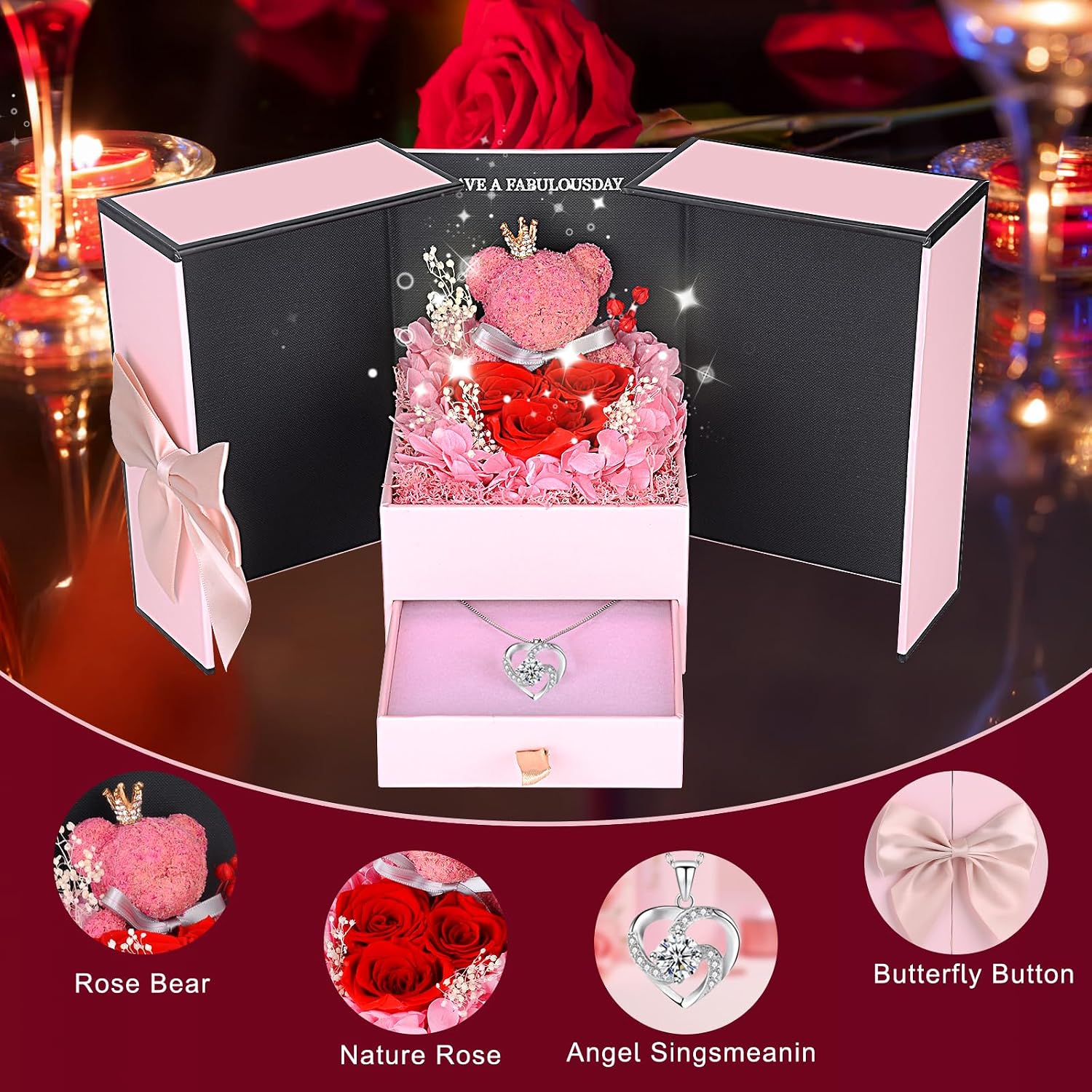 Rose Moss Bear Gifts for Mum, Real Eternal Rose Gift Box with Necklace, Preserved Rose Flower Box, Mother's Day Gift for Mum, Women, Wife, Girlfriend, Grandma, Valentine's Day, Anniversary, Christmas – Bild 4