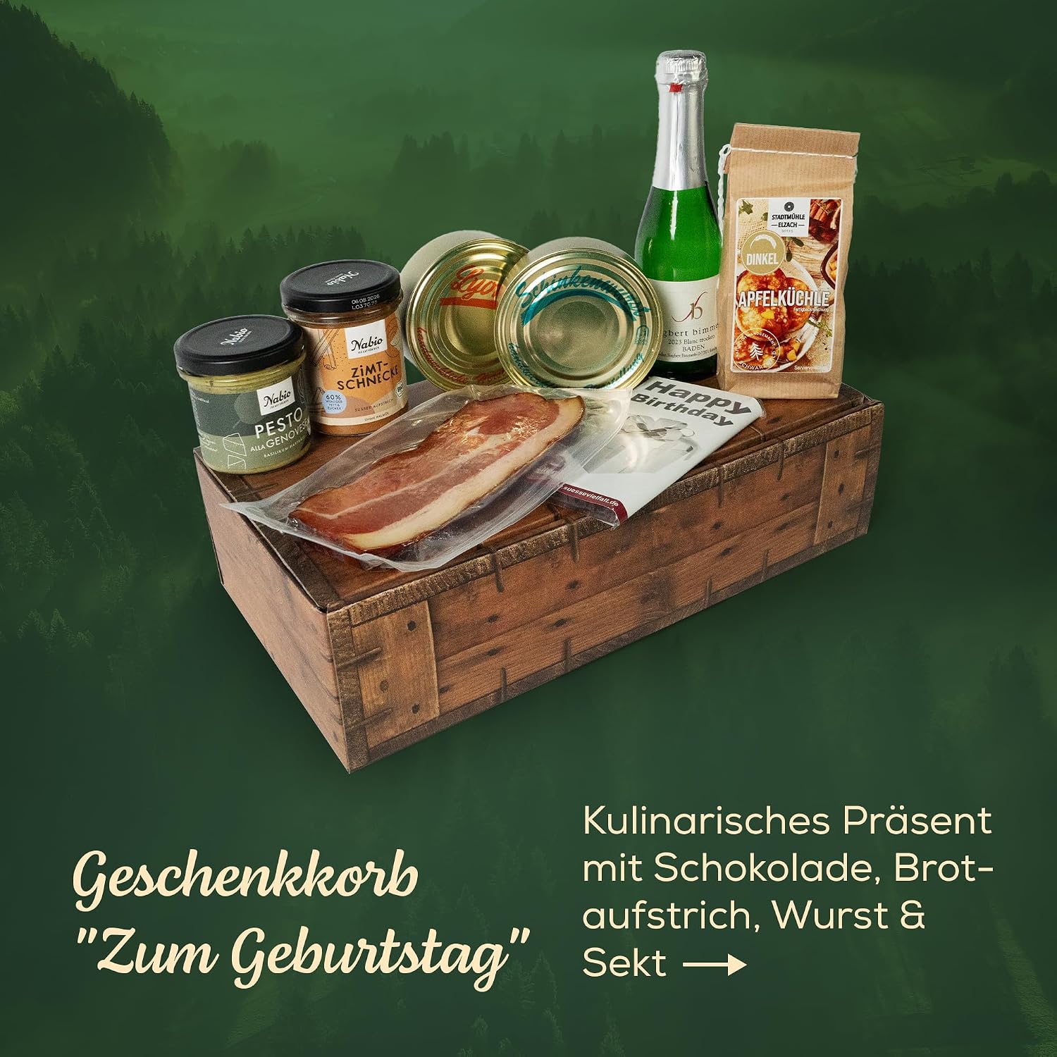 Black Forest Butcher Shop - Birthday Gift Basket - 7-Piece - Sweet & Savoury with Happy Birthday Chocolate, Apple Kitchen Baking Mix, Cinnamon Rolls Spread, Black Forest Specialities & Sparkling Wine – Bild 2