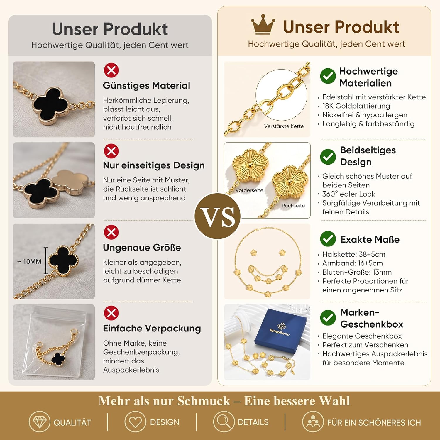 TempBeau Women's Clover Jewellery Set with Necklace, Bracelet and Earrings – Bild 4