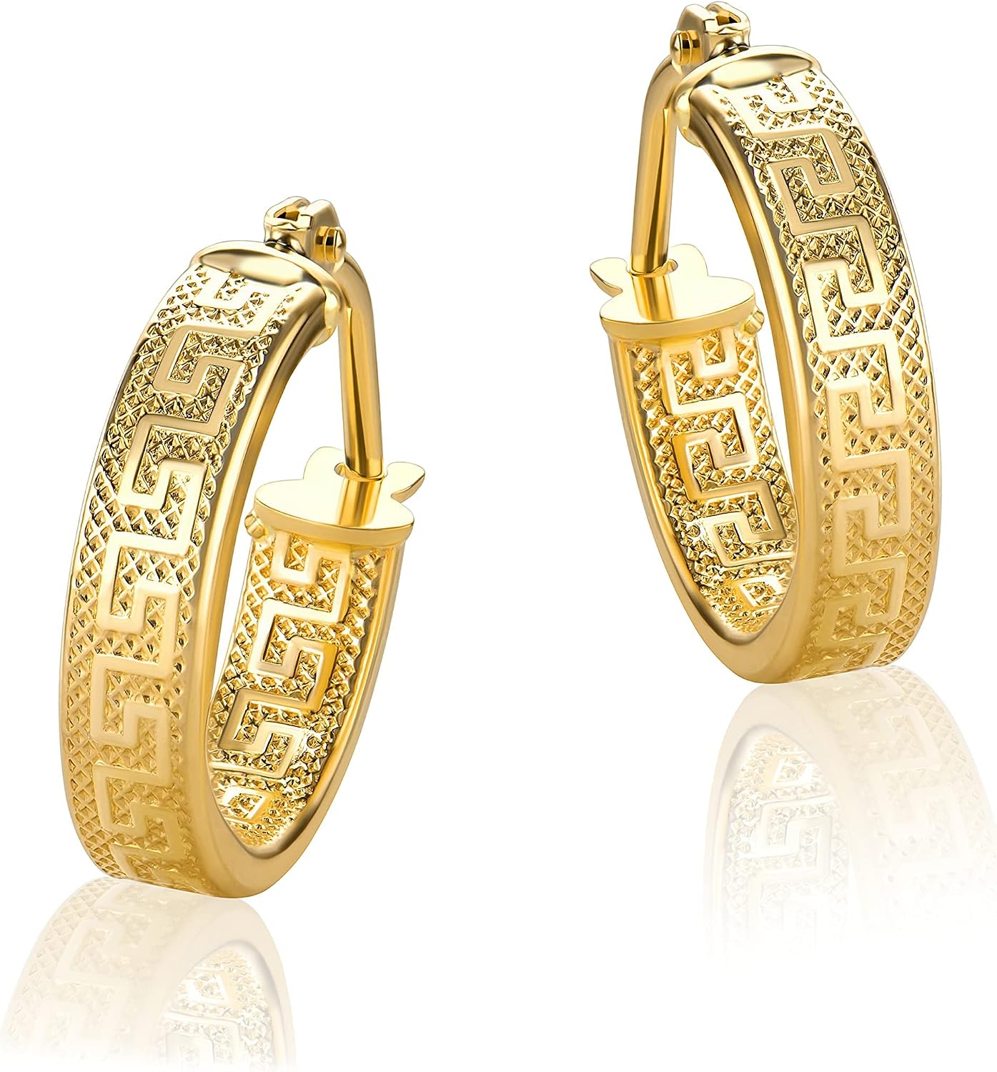 PRI37A Small Greek Key Hoop Earrings Yellow Gold 18 Carat / 750 Gold Diamond-Coated (2 x 14 mm Diameter) – Bild 3