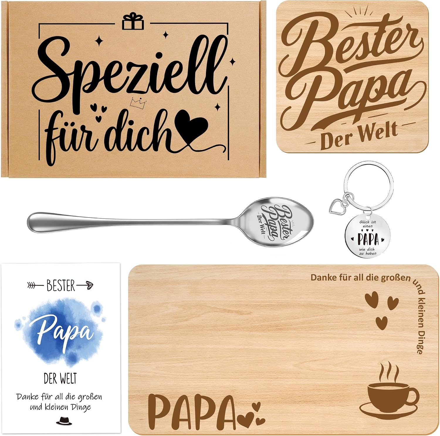 PAPA Gift - Wooden Serving Board, Coaster, Stainless Steel Spoon, Keyring & Greeting Card | Loving Father's Day Gift, Birthday Gift & Christmas Gift for Dad